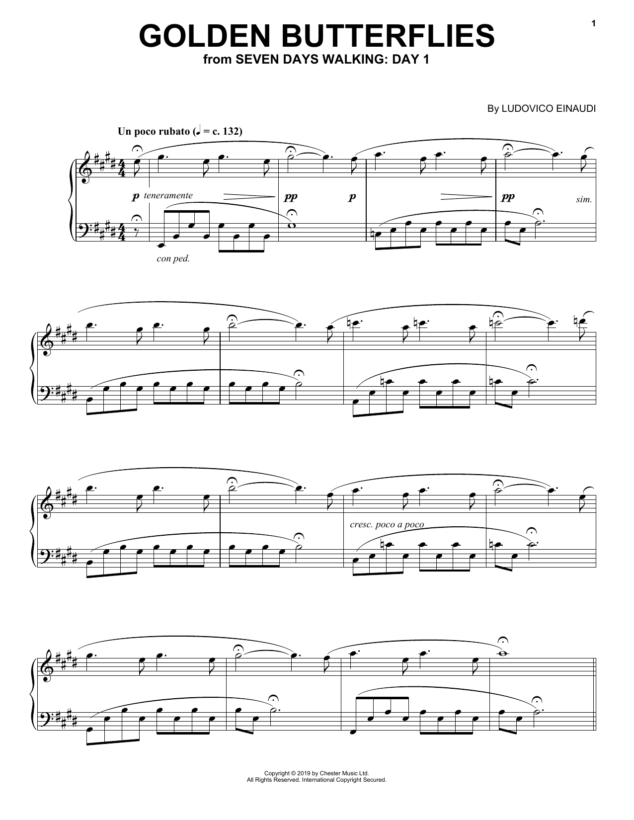 Ludovico Einaudi Golden Butterflies (from Seven Days Walking: Day 1) sheet music notes and chords arranged for Piano Solo