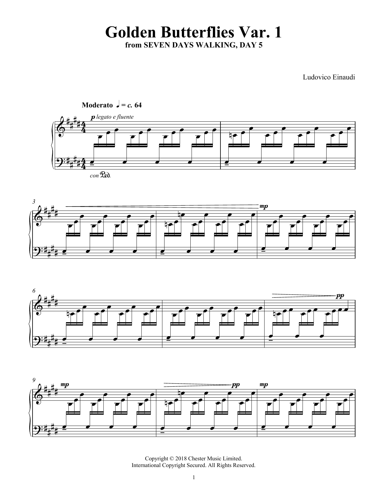 Ludovico Einaudi Golden Butterflies Var. 1 (from Seven Days Walking: Day 5) sheet music notes and chords arranged for Piano Solo