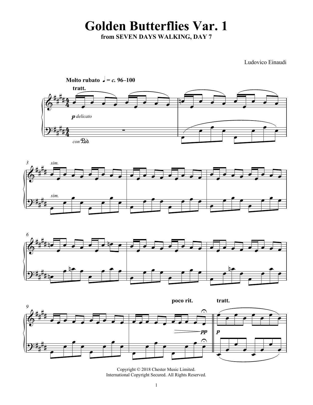 Ludovico Einaudi Golden Butterflies Var. 1 (from Seven Days Walking: Day 7) sheet music notes and chords arranged for Piano Solo
