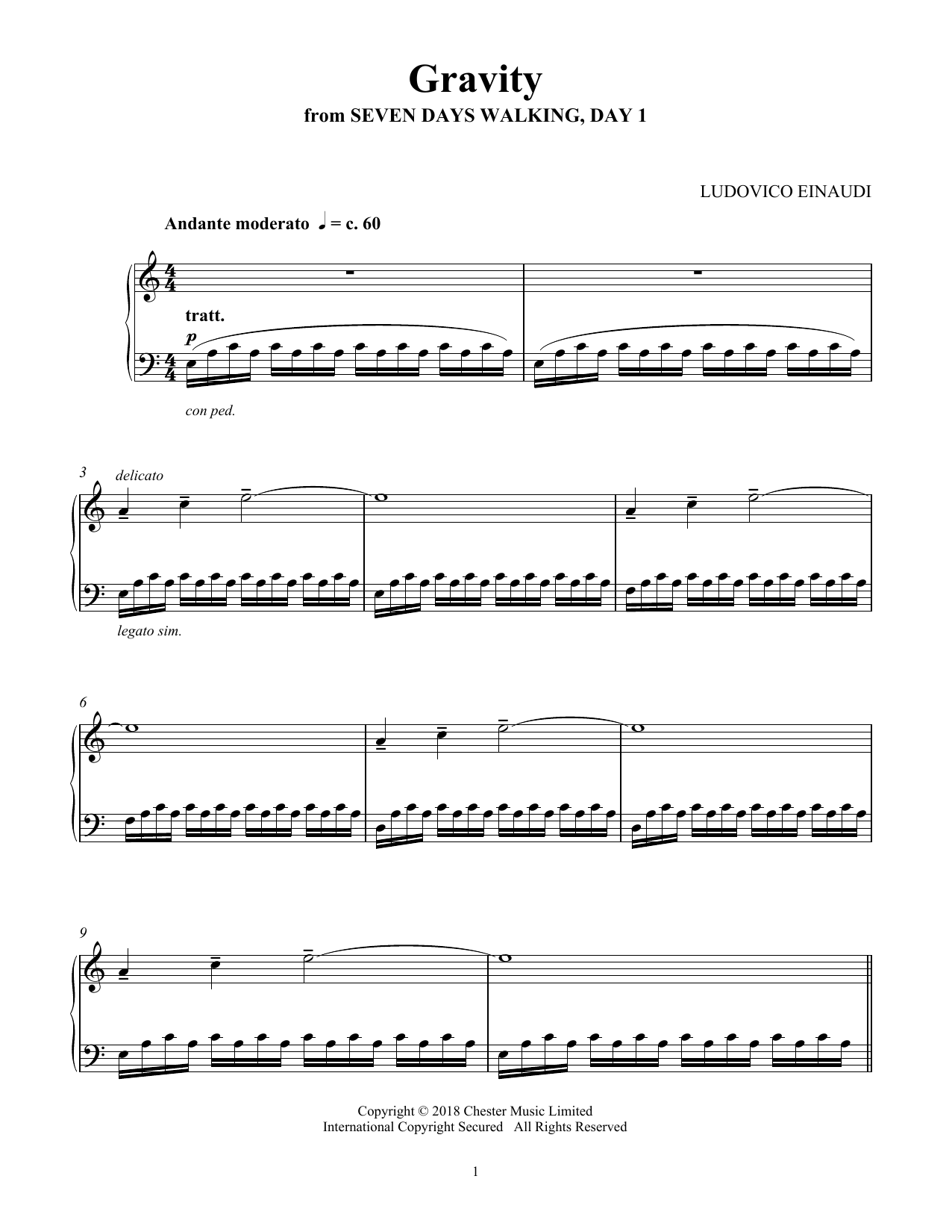 Ludovico Einaudi Gravity (from Seven Days Walking: Day 1) sheet music notes and chords arranged for Piano Solo