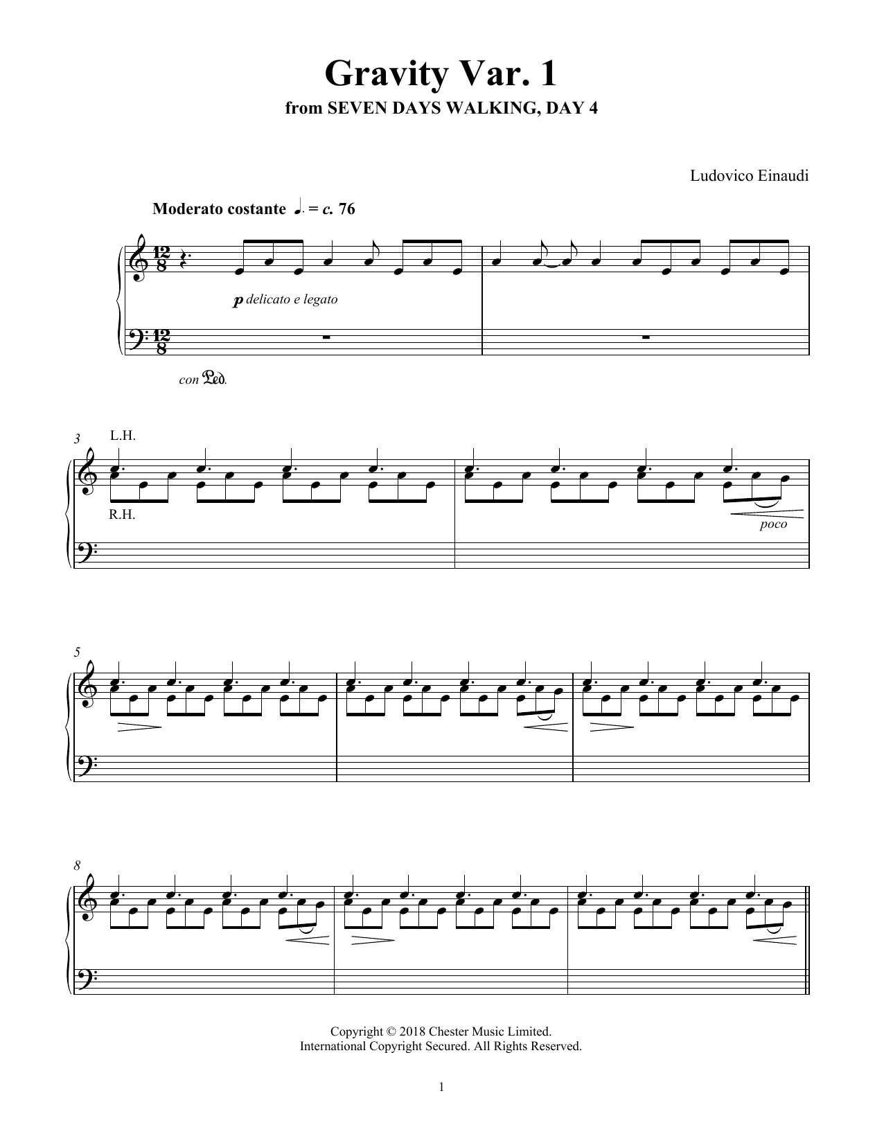Ludovico Einaudi Gravity Var. 1 (from Seven Days Walking: Day 4) sheet music notes and chords arranged for Piano Solo