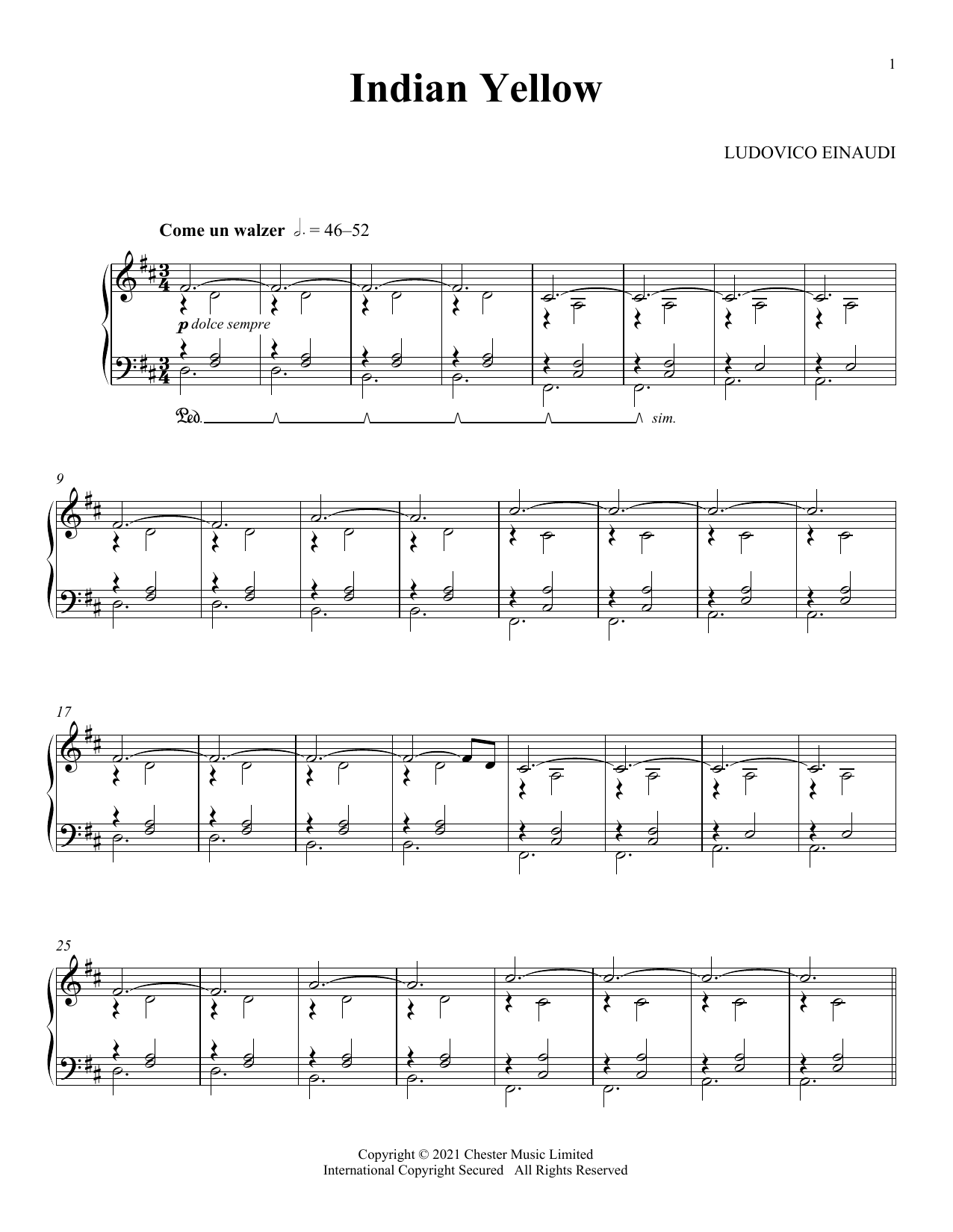 Ludovico Einaudi Indian Yellow sheet music notes and chords arranged for Piano Solo
