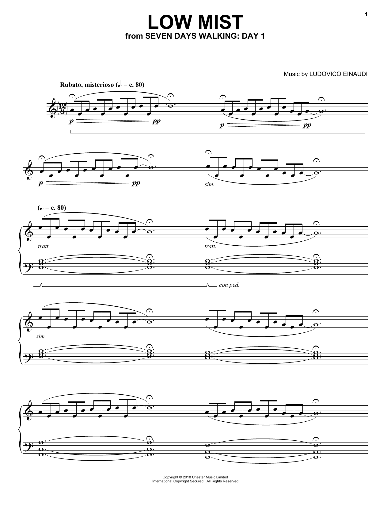 Ludovico Einaudi Low Mist (from Seven Days Walking: Day 1) sheet music notes and chords arranged for Piano Solo