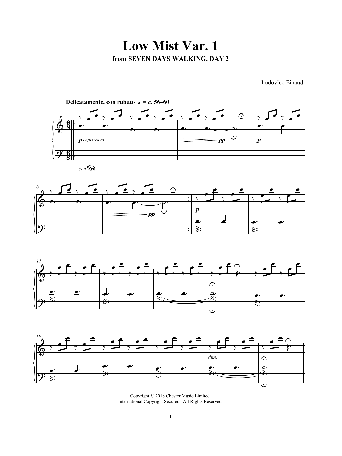 Ludovico Einaudi Low Mist Var. 1 (from Seven Days Walking: Day 2) sheet music notes and chords arranged for Piano Solo