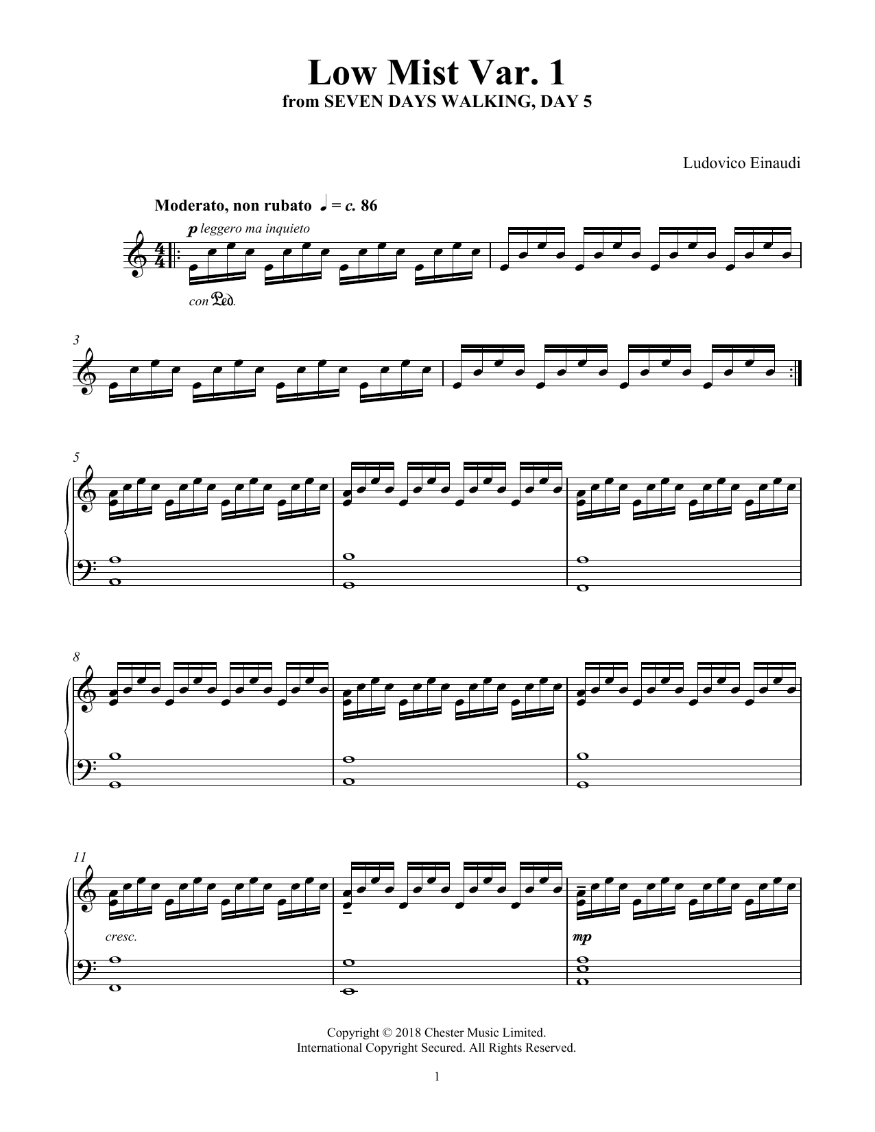 Ludovico Einaudi Low Mist Var. 1 (from Seven Days Walking: Day 5) sheet music notes and chords arranged for Piano Solo