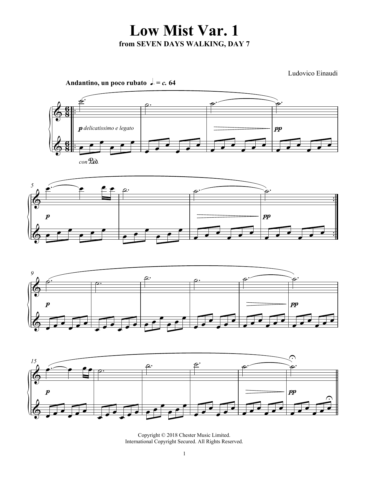 Ludovico Einaudi Low Mist Var. 1 (from Seven Days Walking: Day 7) sheet music notes and chords arranged for Piano Solo