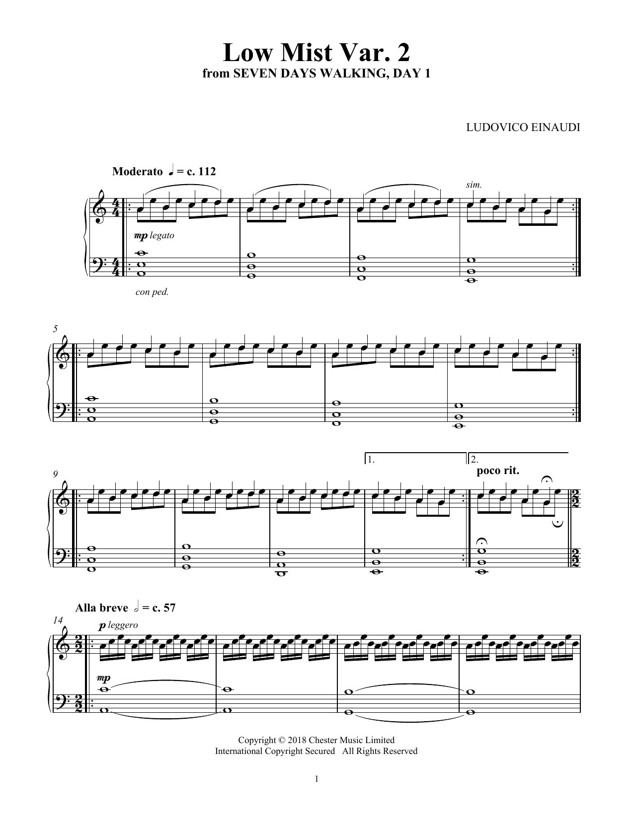 Ludovico Einaudi Low Mist Var. 2 (from Seven Days Walking: Day 1) sheet music notes and chords arranged for Piano Solo
