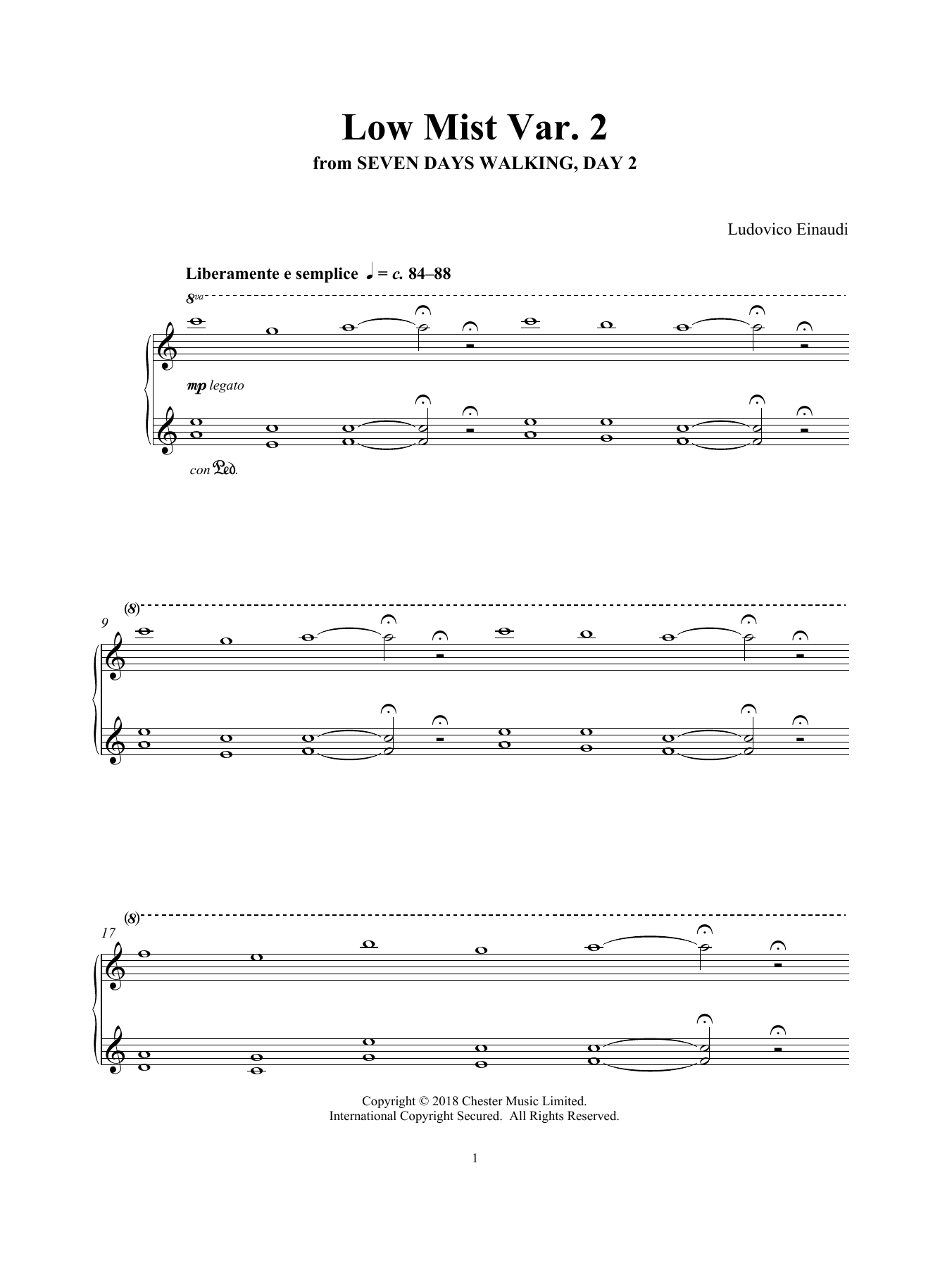 Ludovico Einaudi Low Mist Var. 2 (from Seven Days Walking: Day 2) sheet music notes and chords arranged for Piano Solo