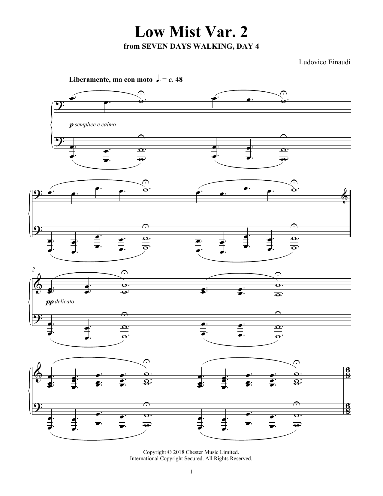 Ludovico Einaudi Low Mist Var. 2 (from Seven Days Walking: Day 4) sheet music notes and chords arranged for Piano Solo