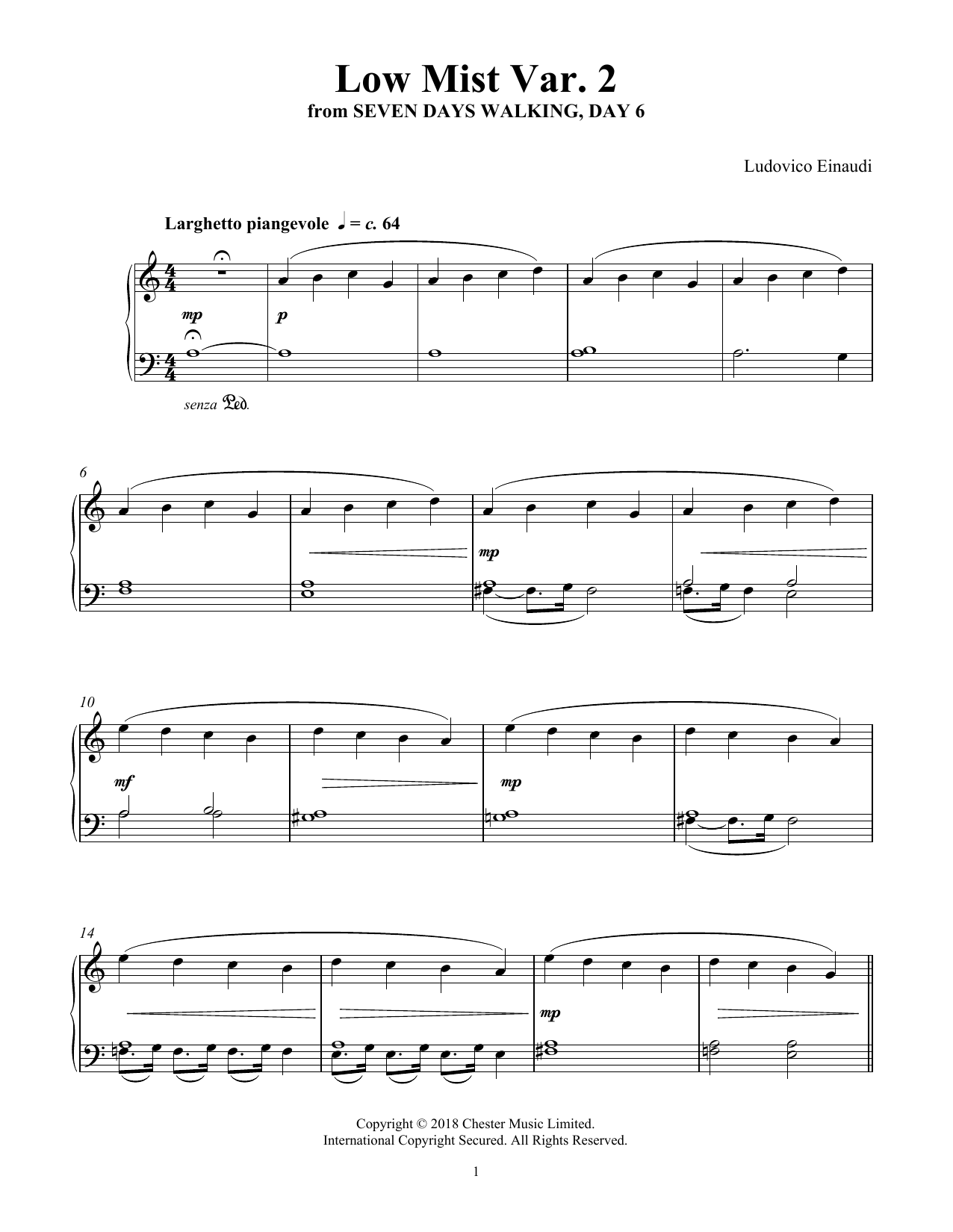 Ludovico Einaudi Low Mist Var. 2 (from Seven Days Walking: Day 6) sheet music notes and chords arranged for Piano Solo