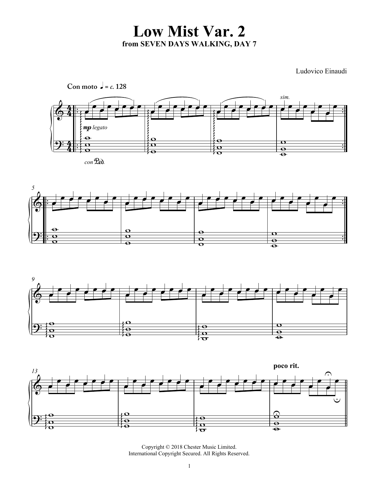 Ludovico Einaudi Low Mist Var. 2 (from Seven Days Walking: Day 7) sheet music notes and chords arranged for Piano Solo