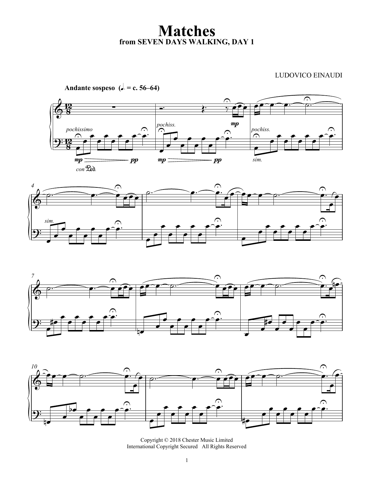 Ludovico Einaudi Matches (from Seven Days Walking: Day 1) sheet music notes and chords arranged for Piano Solo