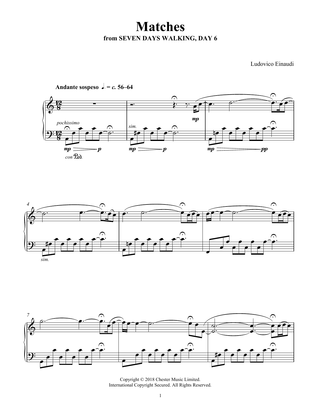 Ludovico Einaudi Matches (from Seven Days Walking: Day 6) sheet music notes and chords arranged for Piano Solo