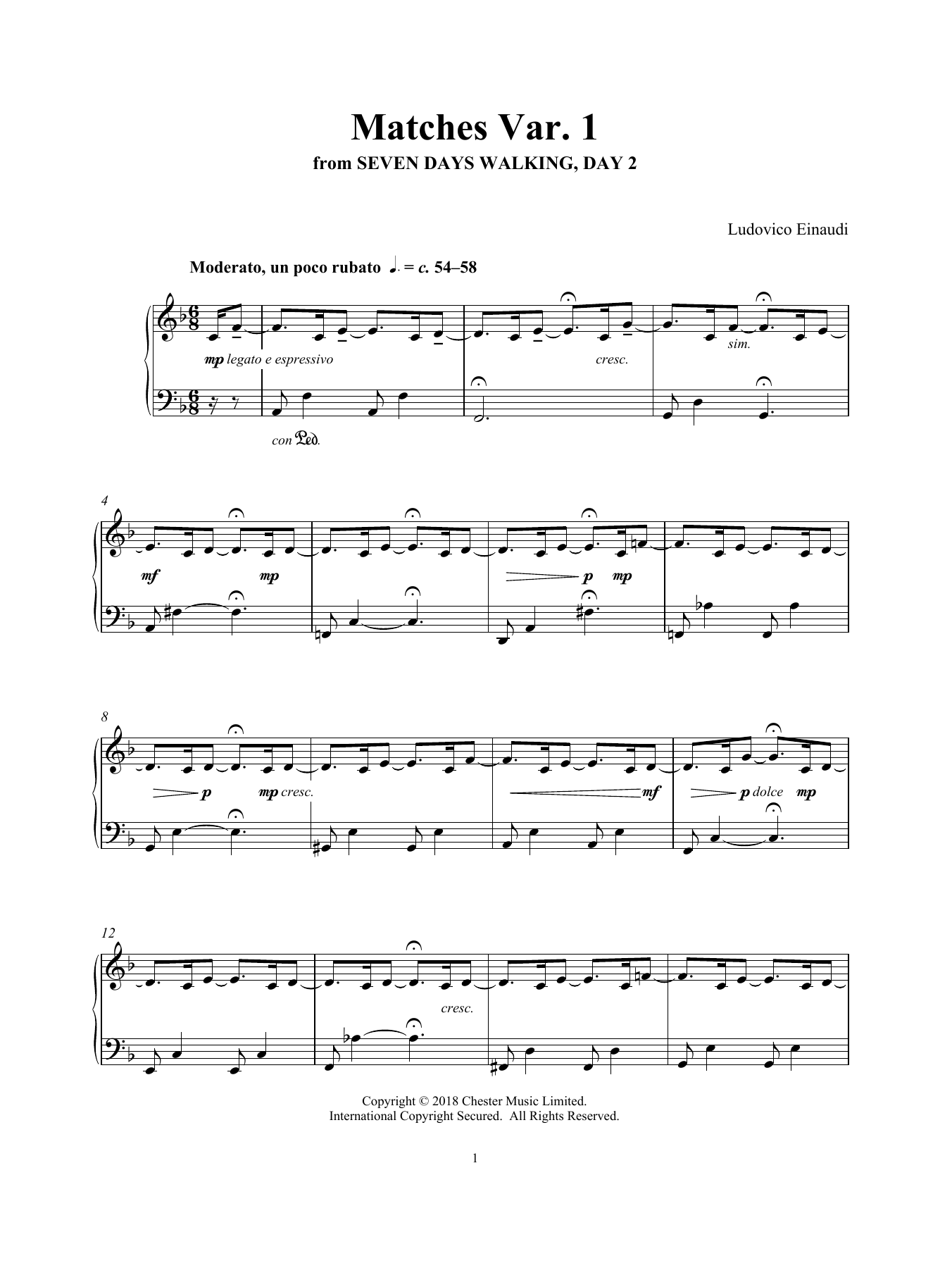 Ludovico Einaudi Matches Var. 1 (from Seven Days Walking: Day 2) sheet music notes and chords arranged for Piano Solo