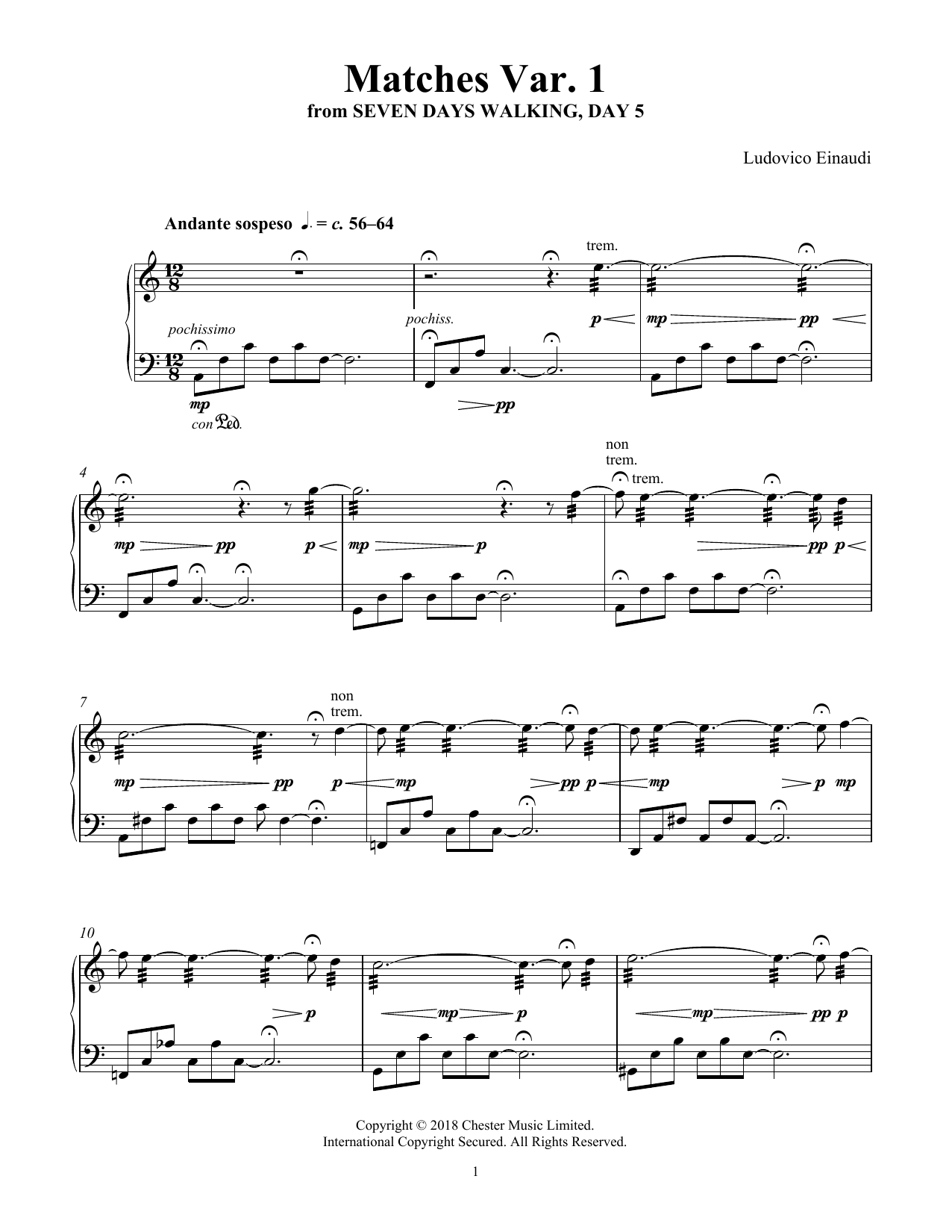 Ludovico Einaudi Matches Var. 1 (from Seven Days Walking: Day 5) sheet music notes and chords arranged for Piano Solo