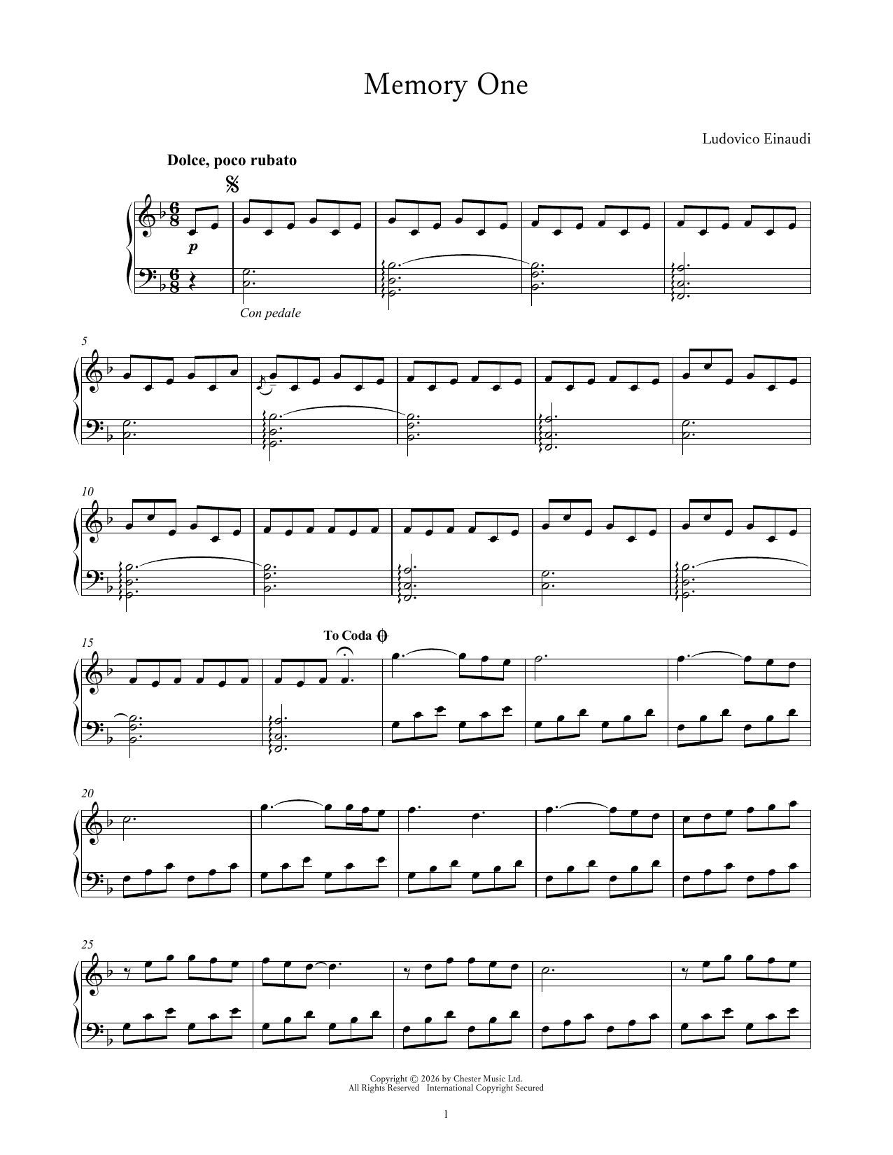 Ludovico Einaudi Memory One sheet music notes and chords arranged for Piano Solo