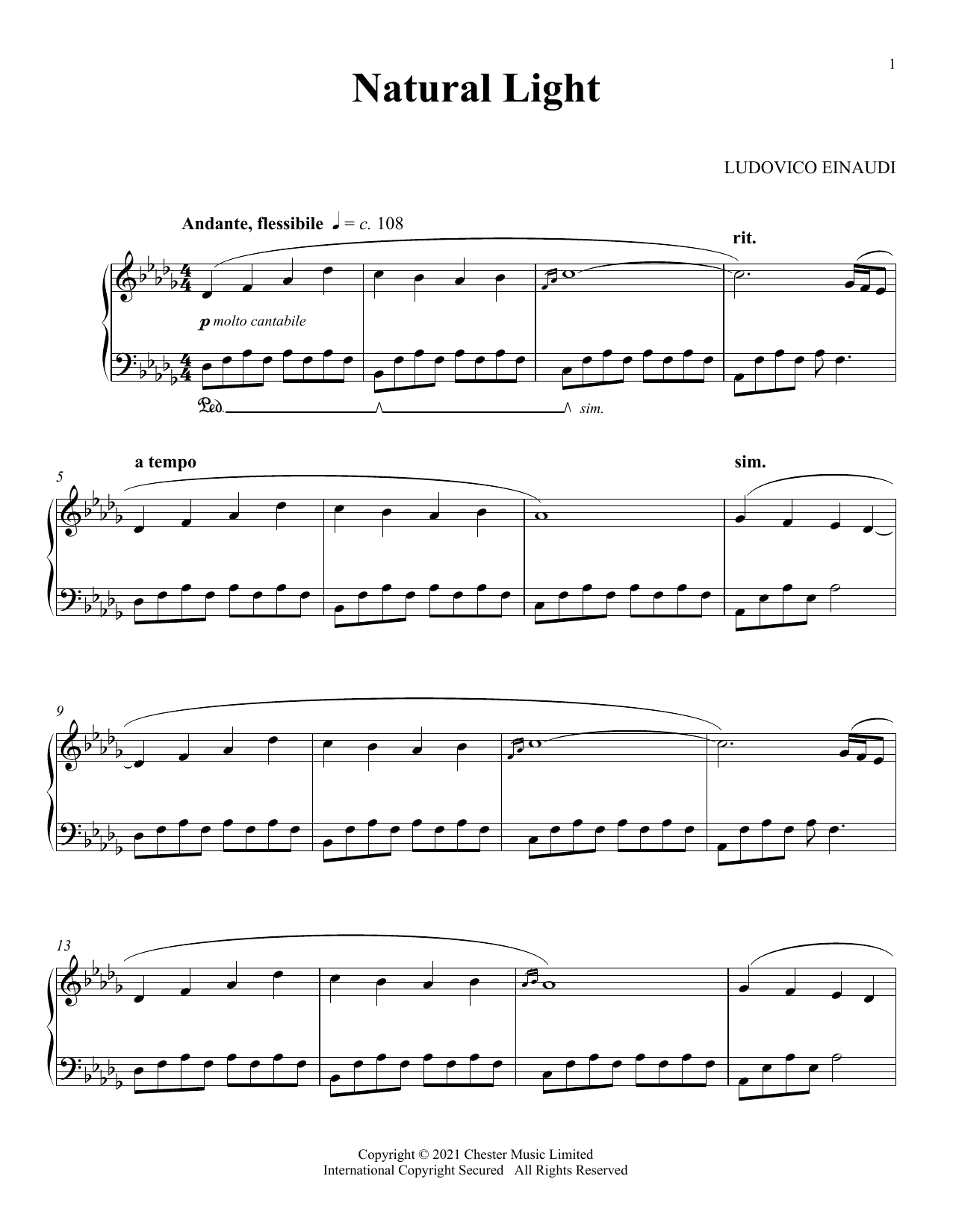 Ludovico Einaudi Natural Light sheet music notes and chords arranged for Piano Solo