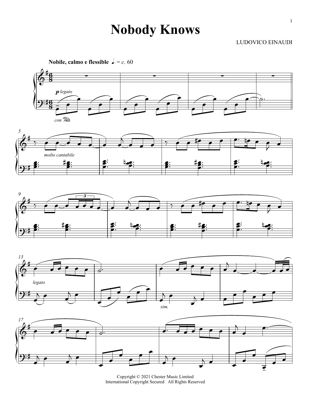 Ludovico Einaudi Nobody Knows sheet music notes and chords arranged for Piano Solo