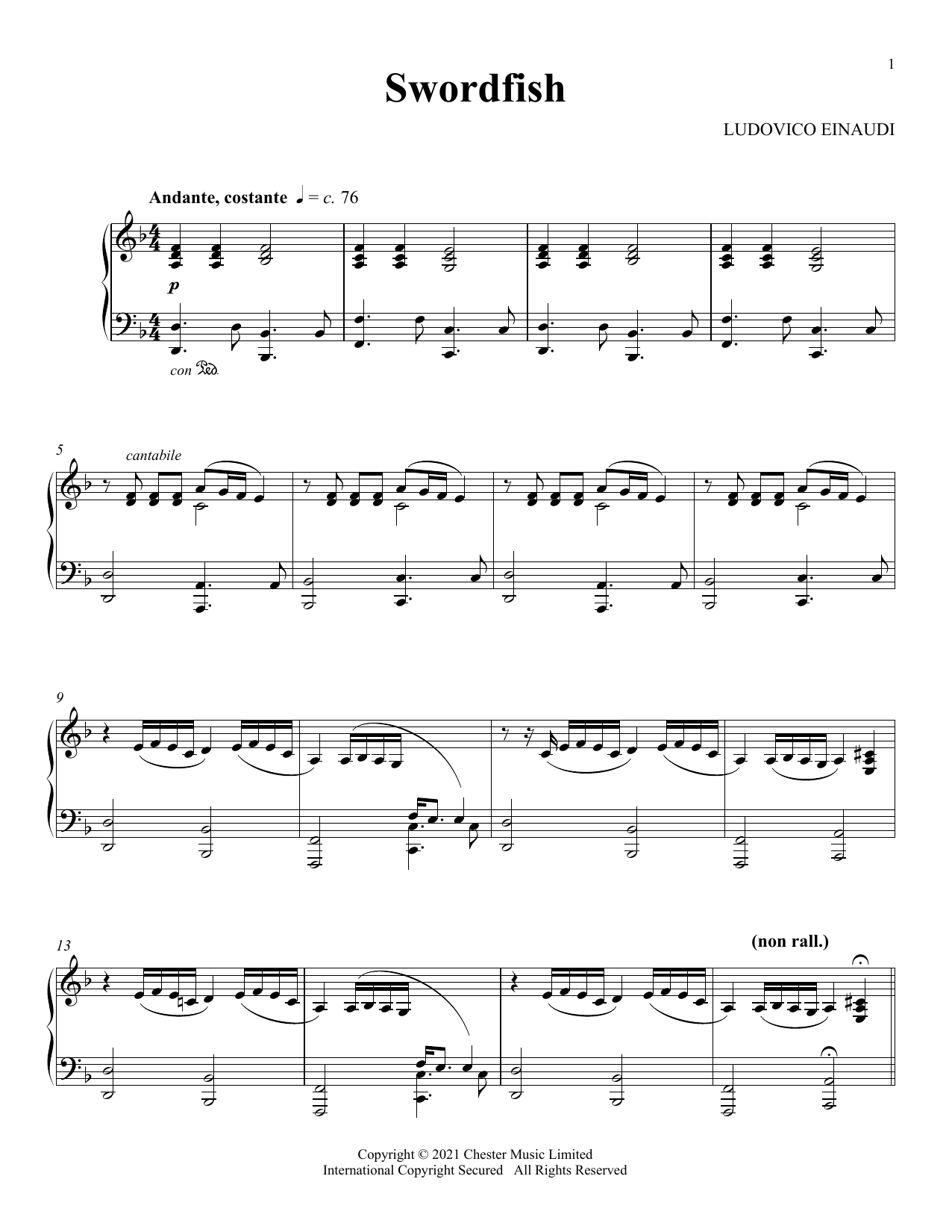 Ludovico Einaudi Swordfish sheet music notes and chords arranged for Piano Solo