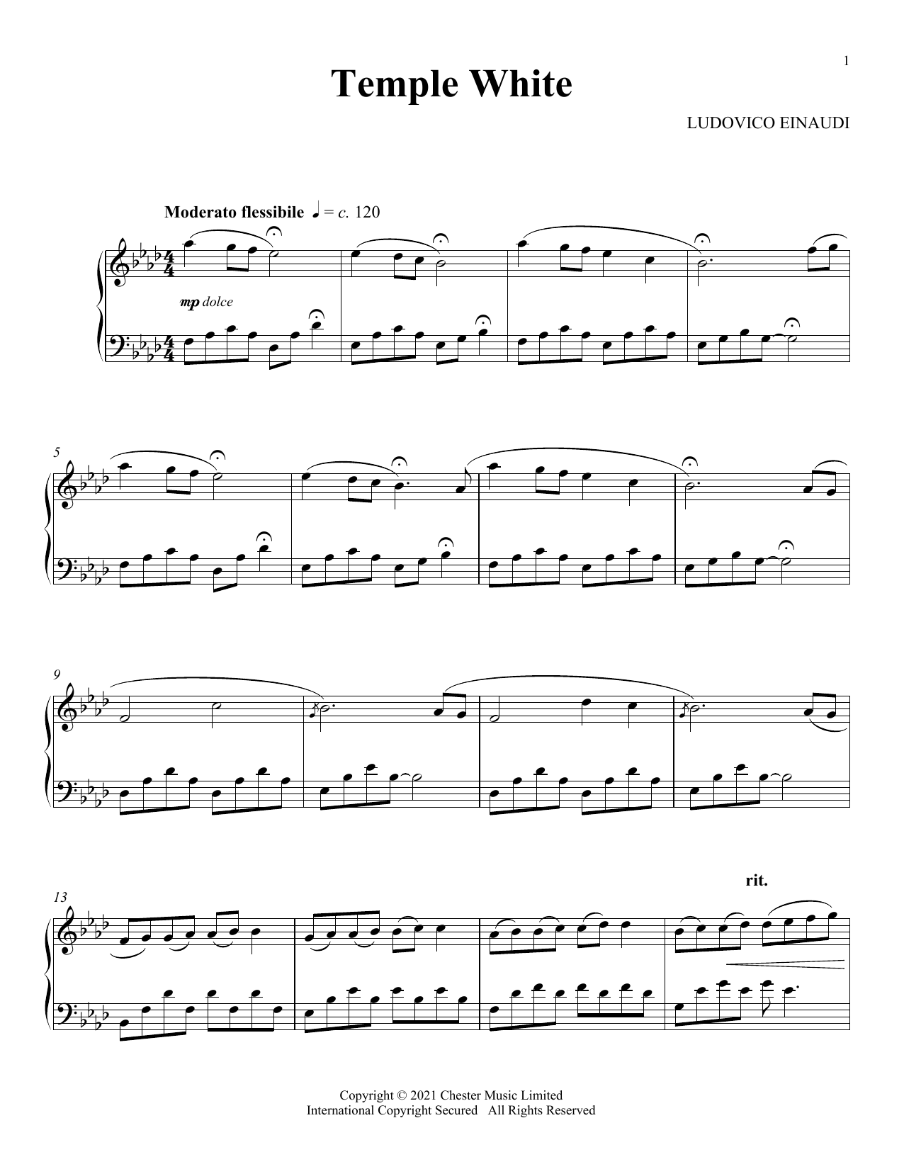 Ludovico Einaudi Temple White sheet music notes and chords arranged for Piano Solo