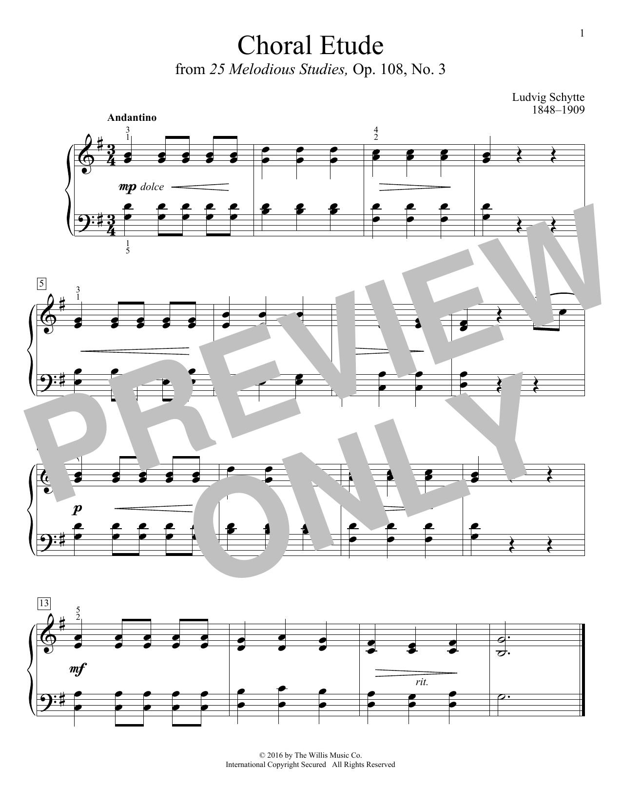 Ludvig Schytte Choral Etude sheet music notes and chords arranged for Educational Piano