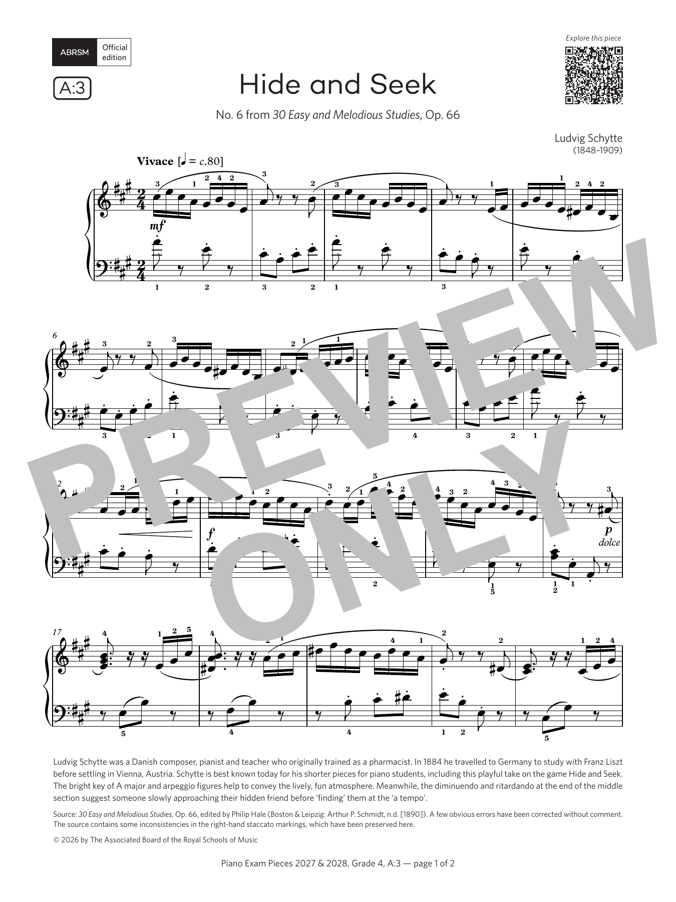 Ludvig Schytte Hide and Seek (Grade 4, list A3, from the ABRSM Piano Syllabus 2027 & 2028) sheet music notes and chords arranged for Piano Solo