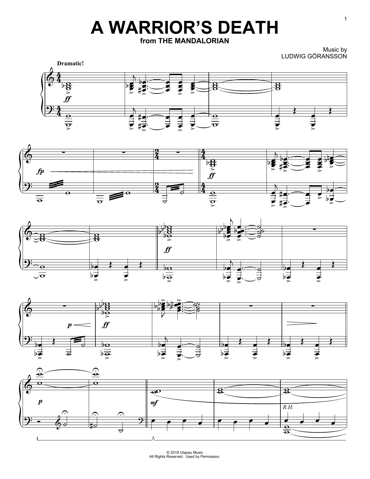 Ludwig Göransson A Warrior's Death (from Star Wars: The Mandalorian) sheet music notes and chords arranged for Piano Solo