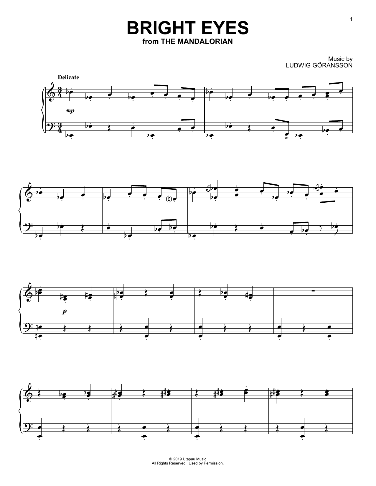 Ludwig Göransson Bright Eyes (from Star Wars: The Mandalorian) sheet music notes and chords arranged for Piano Solo