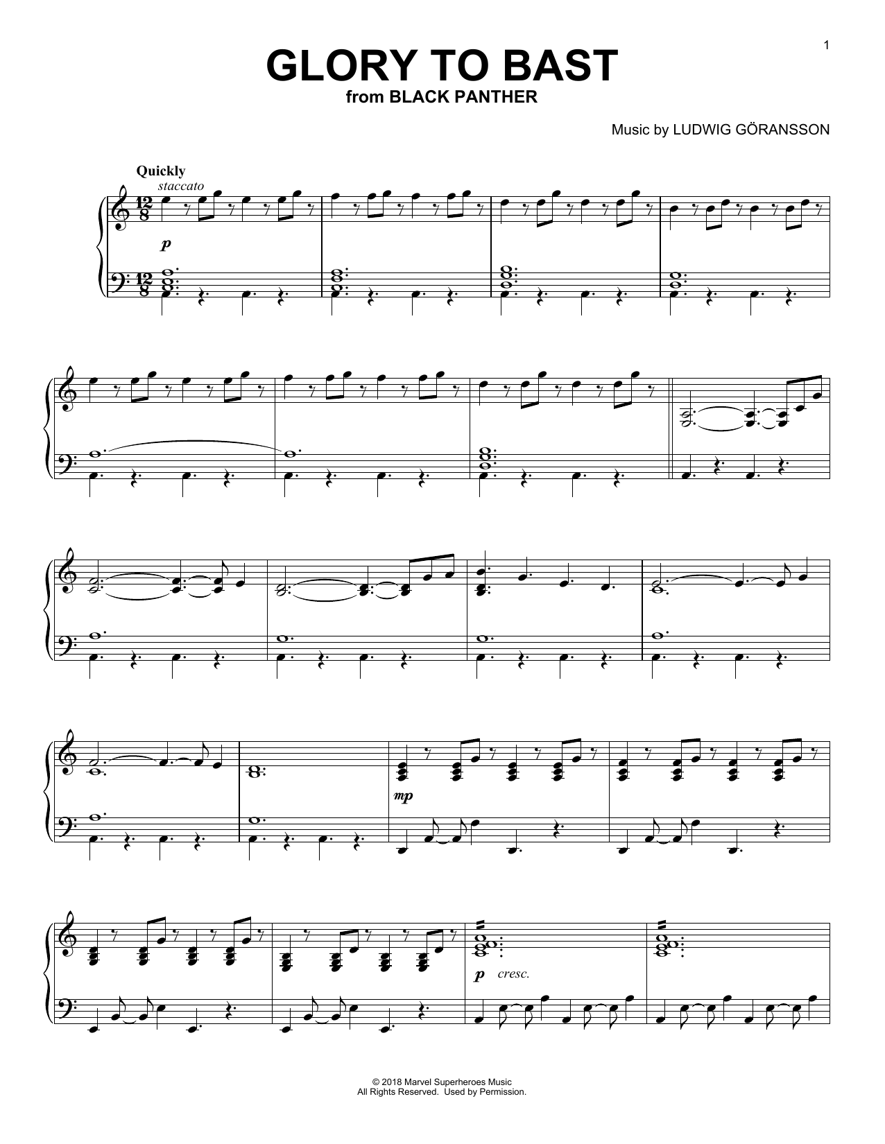 Ludwig Göransson Glory To Bast (from Black Panther) sheet music notes and chords arranged for Piano Solo