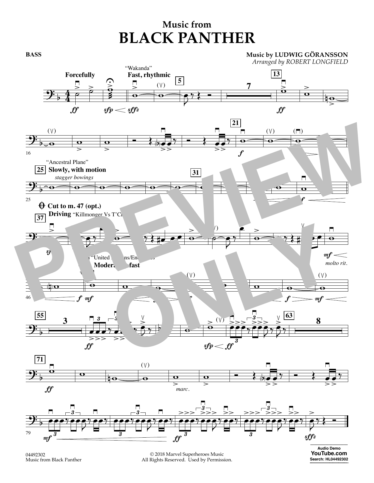 Ludwig Göransson Music from Black Panther (arr. Robert Longfield) - Bass sheet music notes and chords arranged for Orchestra
