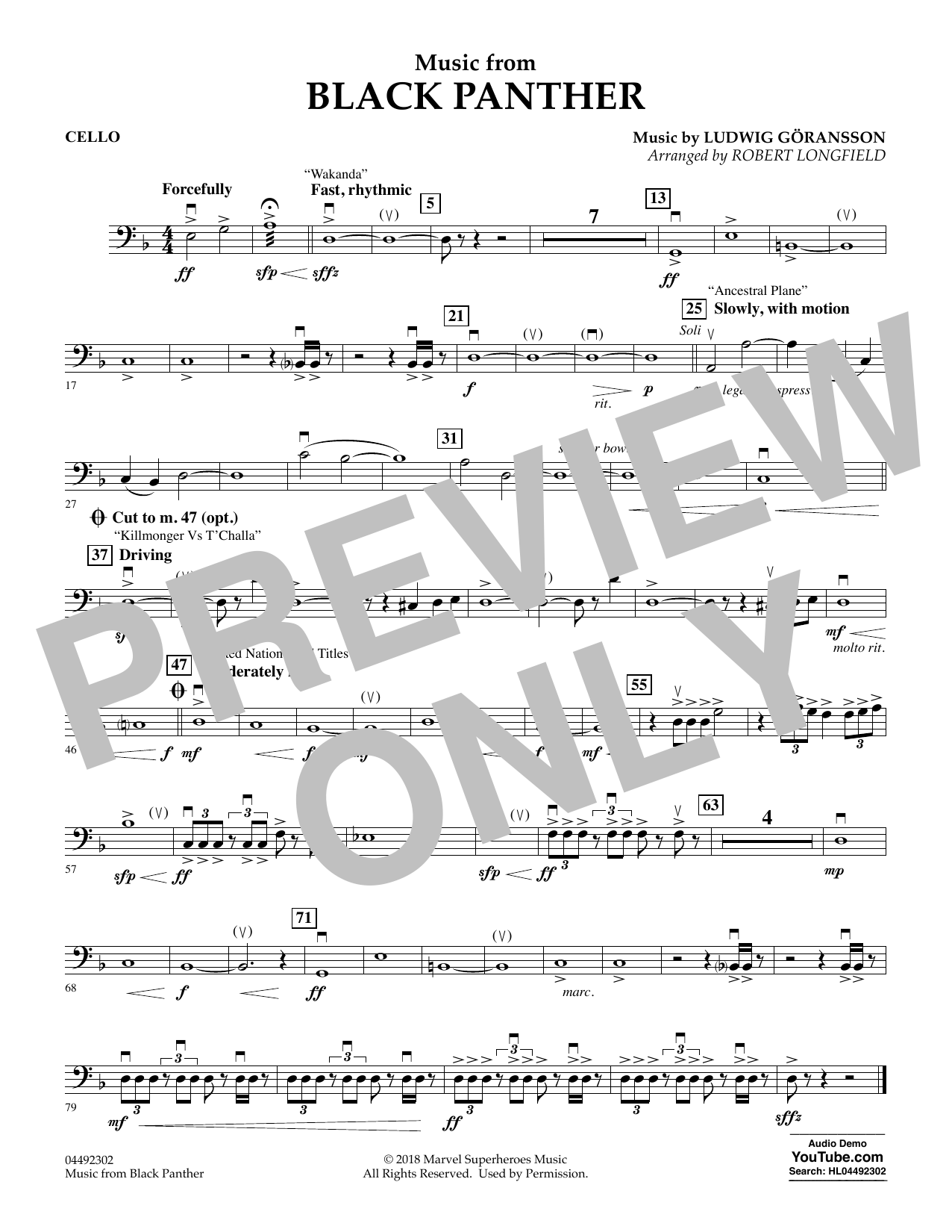 Ludwig Göransson Music from Black Panther (arr. Robert Longfield) - Cello sheet music notes and chords arranged for Orchestra