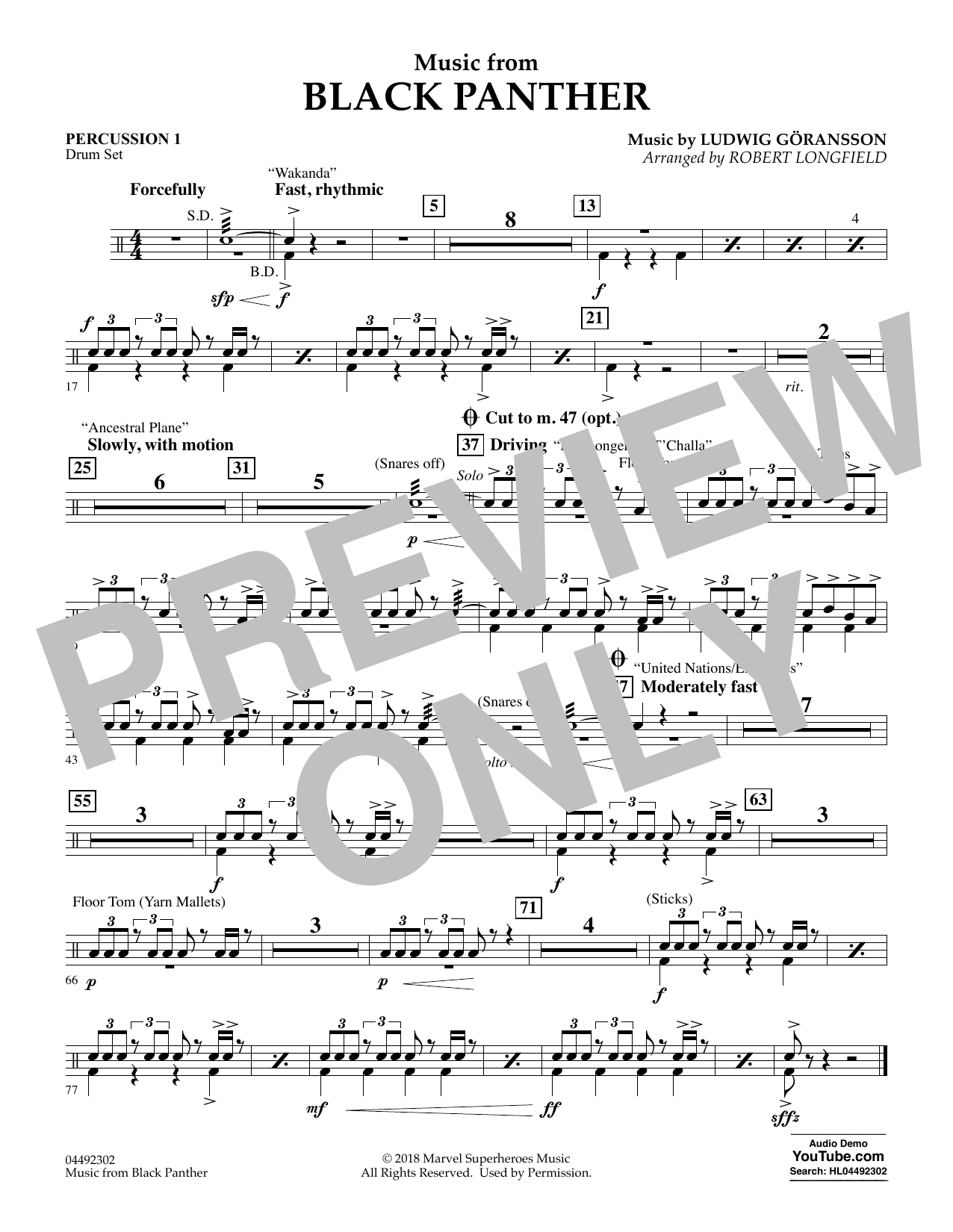 Ludwig Göransson Music from Black Panther (arr. Robert Longfield) - Percussion 1 sheet music notes and chords arranged for Orchestra