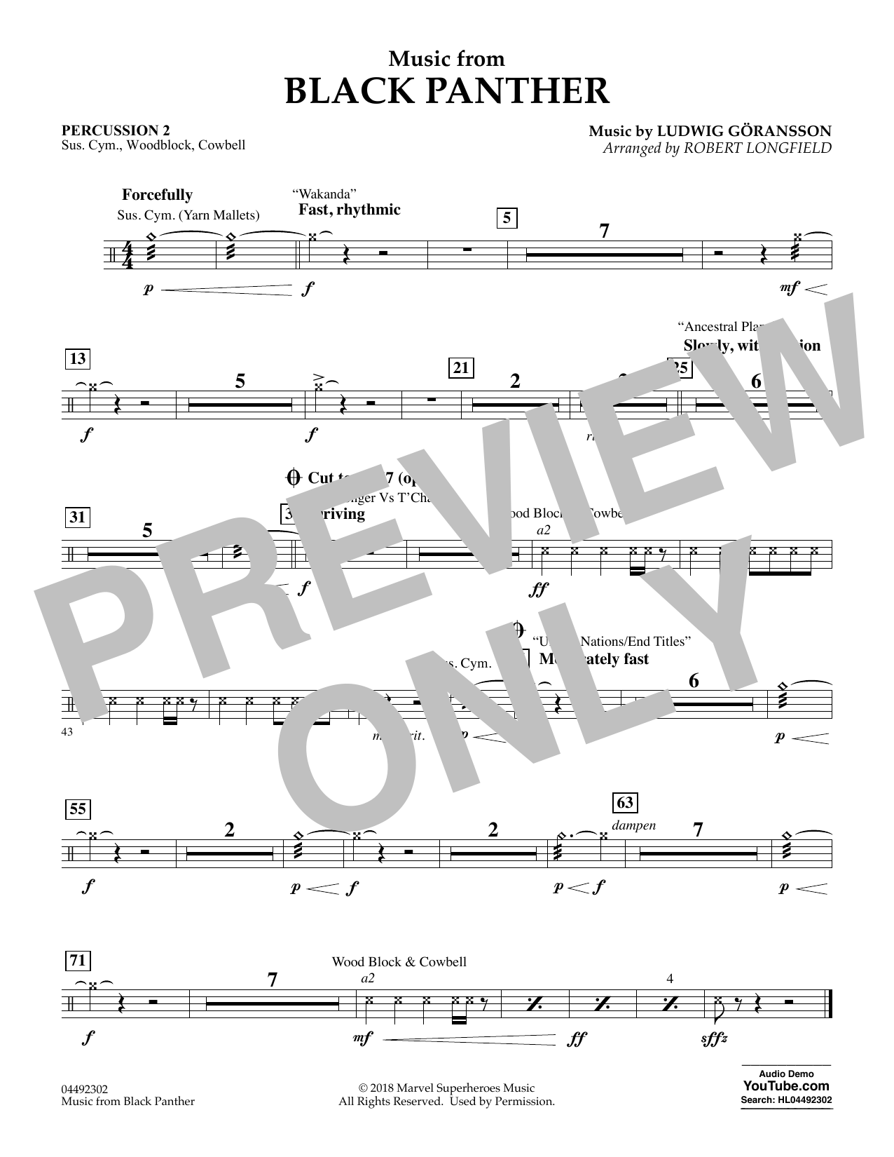 Ludwig Göransson Music from Black Panther (arr. Robert Longfield) - Percussion 2 sheet music notes and chords arranged for Orchestra