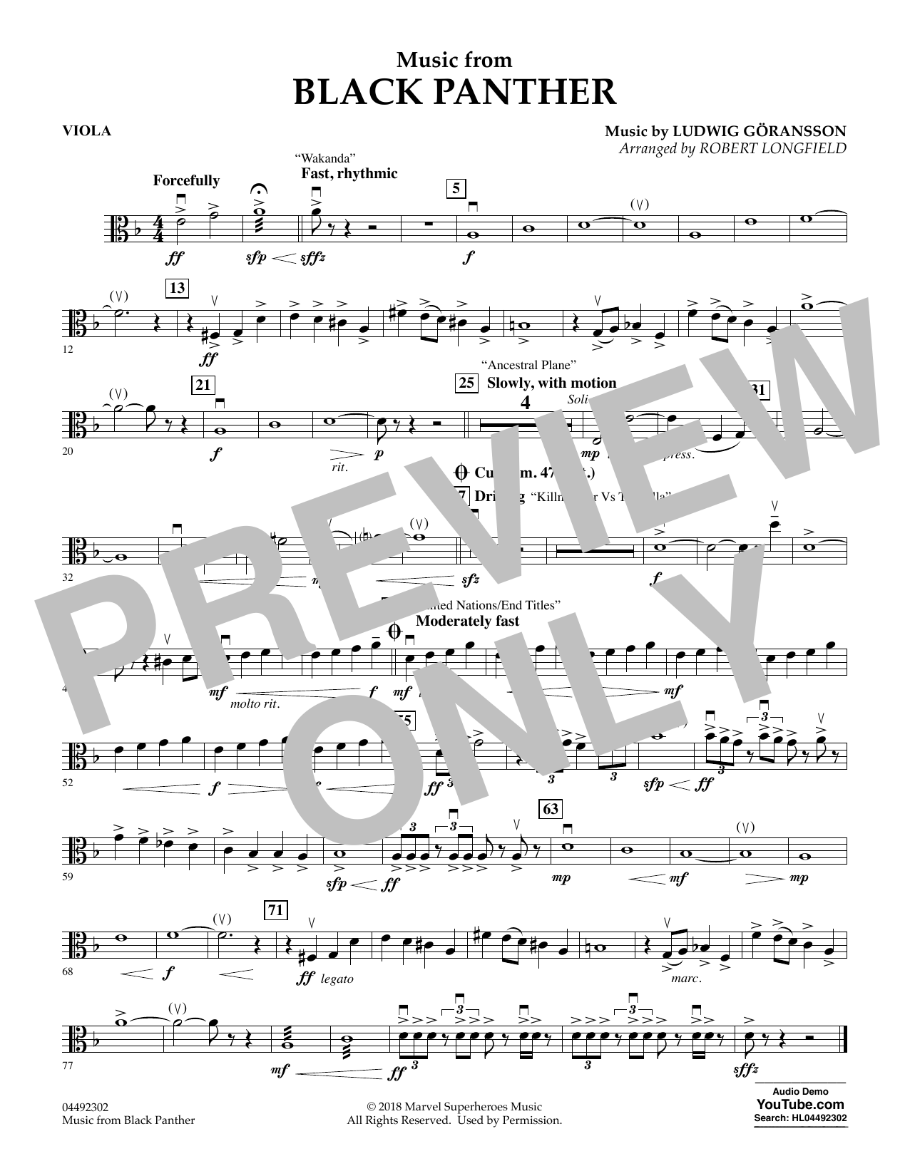 Ludwig Göransson Music from Black Panther (arr. Robert Longfield) - Viola sheet music notes and chords arranged for Orchestra