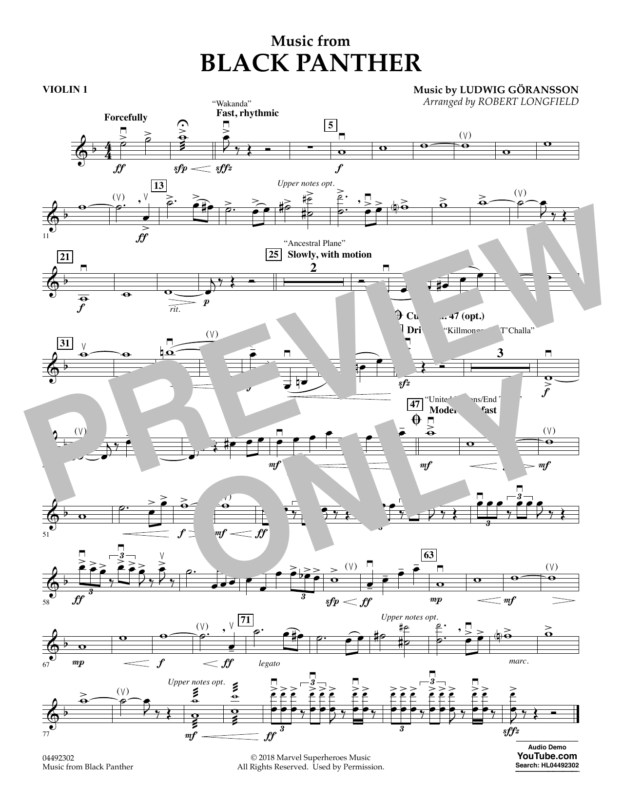 Ludwig Göransson Music from Black Panther (arr. Robert Longfield) - Violin 1 sheet music notes and chords arranged for Orchestra