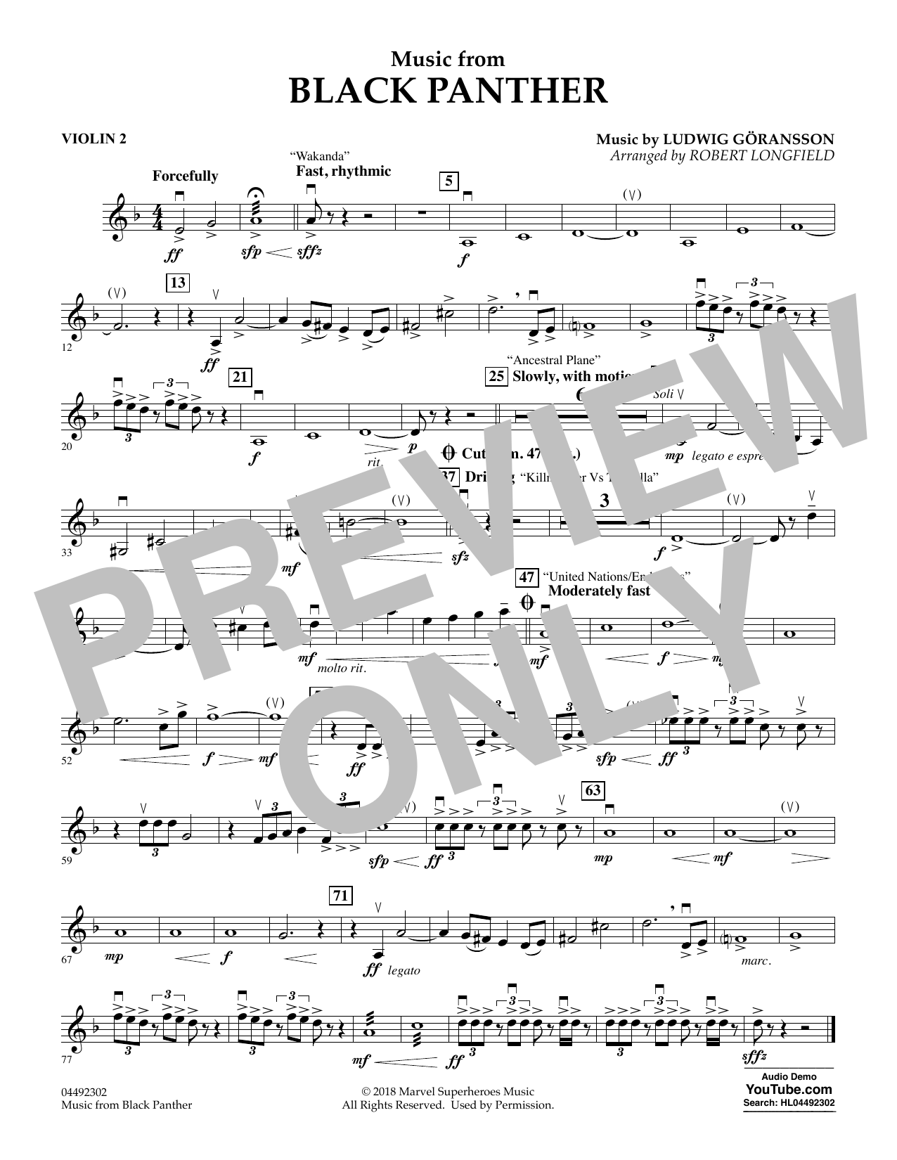 Ludwig Göransson Music from Black Panther (arr. Robert Longfield) - Violin 2 sheet music notes and chords arranged for Orchestra