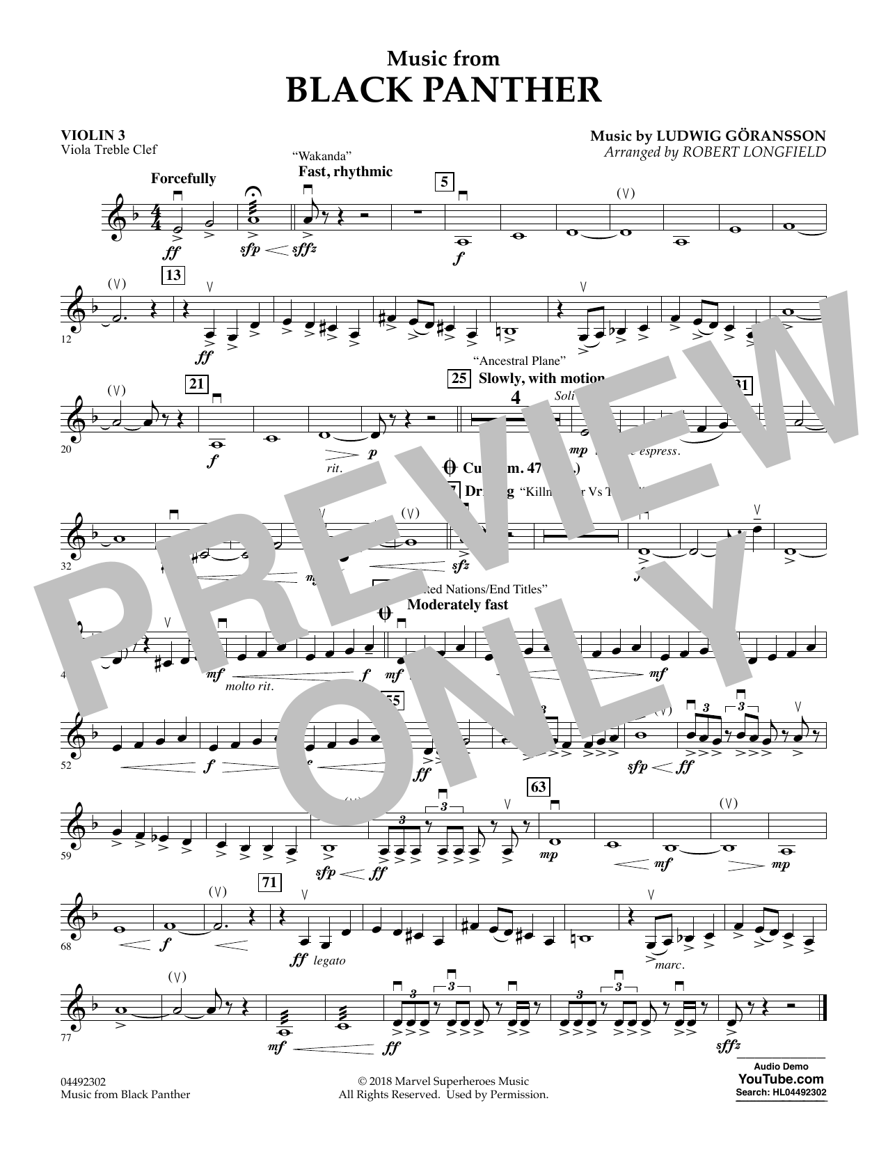 Ludwig Göransson Music from Black Panther (arr. Robert Longfield) - Violin 3 (Viola Treble Clef) sheet music notes and chords arranged for Orchestra
