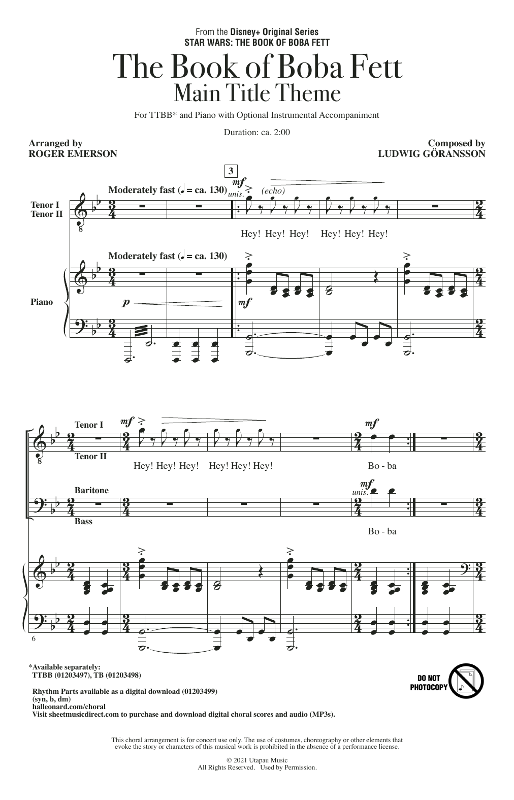 Ludwig Göransson The Book Of Boba Fett Main Title Theme (arr. Roger Emerson) sheet music notes and chords arranged for TTBB Choir