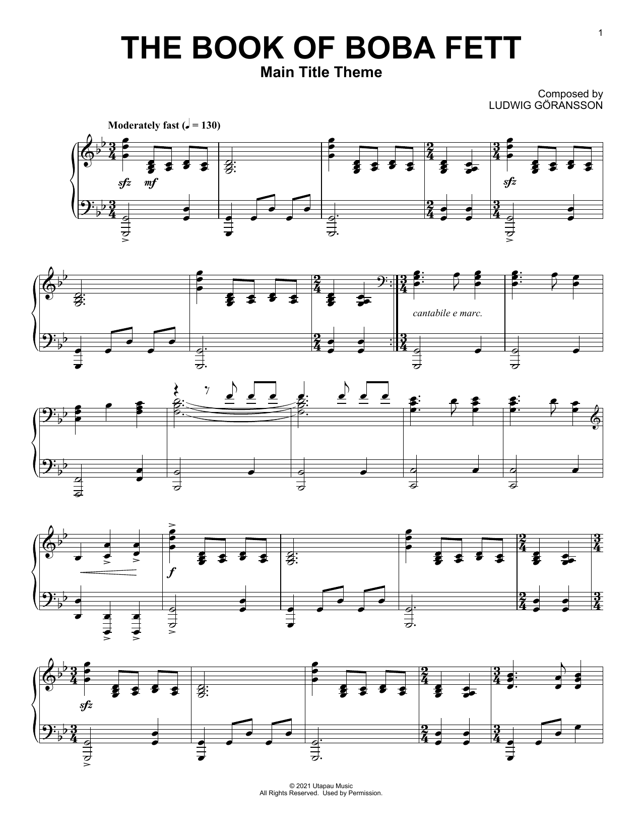 Ludwig Göransson The Book Of Boba Fett (Main Title Theme) sheet music notes and chords arranged for Piano Solo