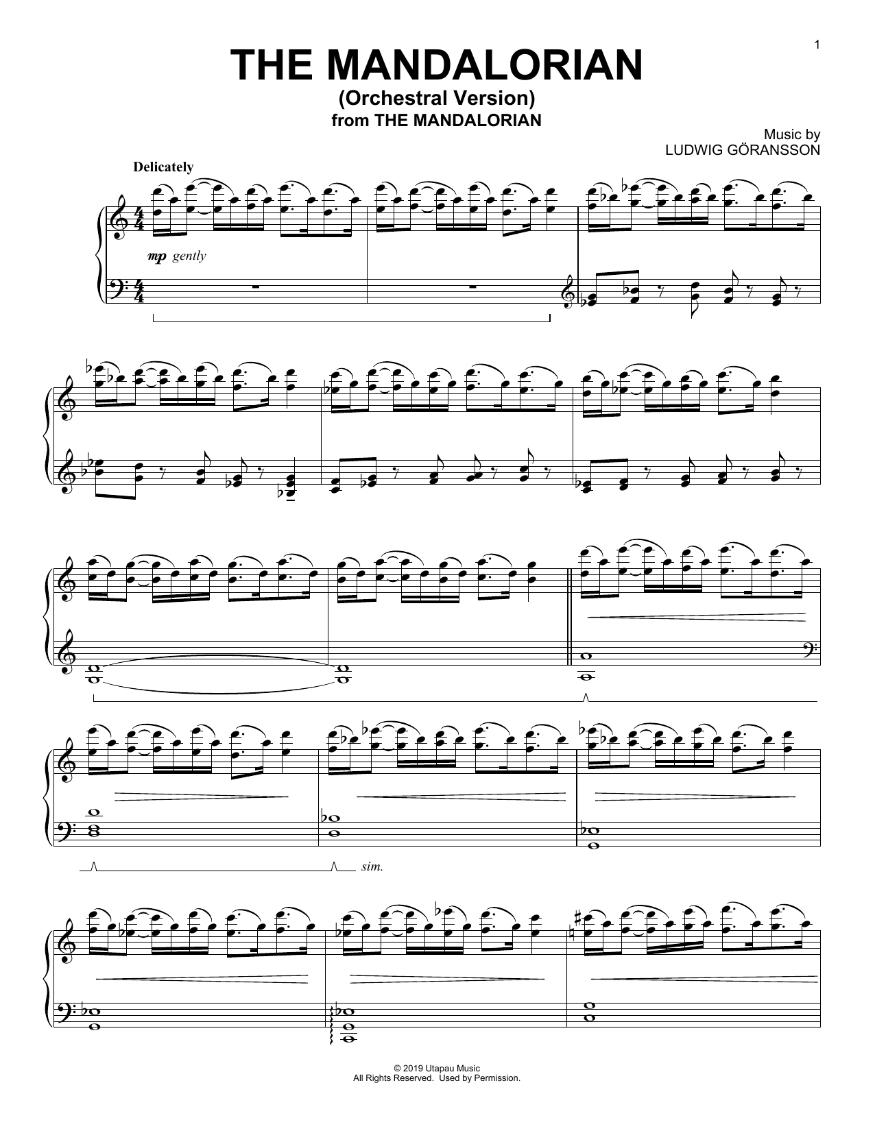 Ludwig Göransson The Mandalorian (Orchestral Version) (from Star Wars: The Mandalorian) sheet music notes and chords arranged for Piano Solo