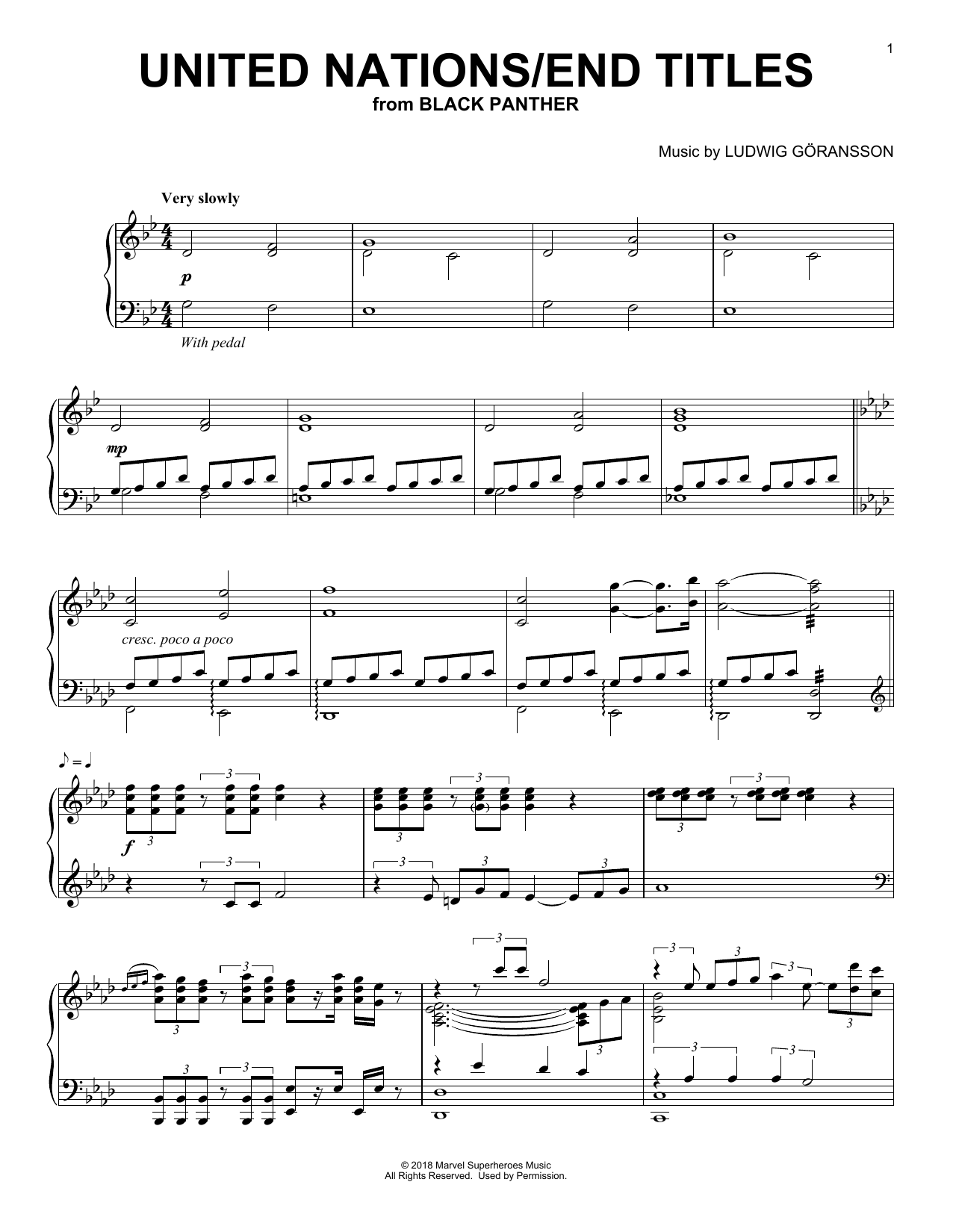 Ludwig Göransson United Nations/End Titles (from Black Panther) sheet music notes and chords arranged for Piano Solo