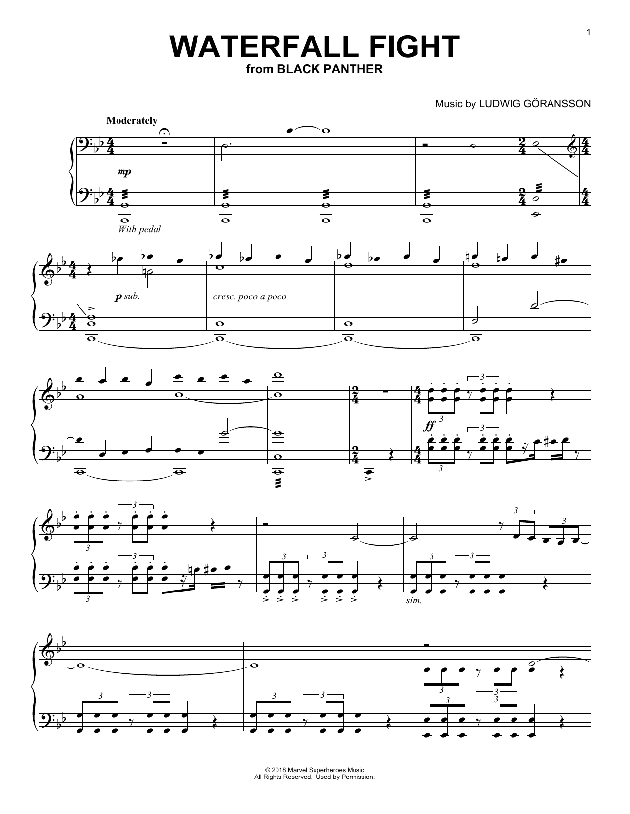 Ludwig Göransson Waterfall Fight (from Black Panther) sheet music notes and chords arranged for Piano Solo