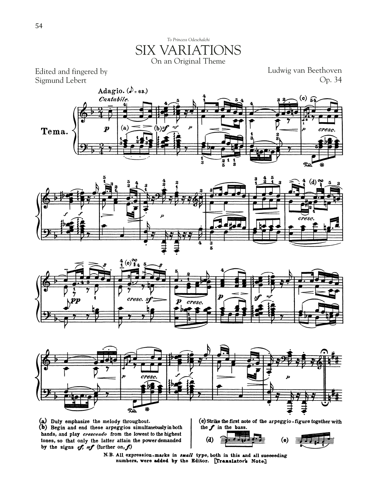 Ludwig van Beethoven 6 Variations, Op. 34 sheet music notes and chords arranged for Piano Solo
