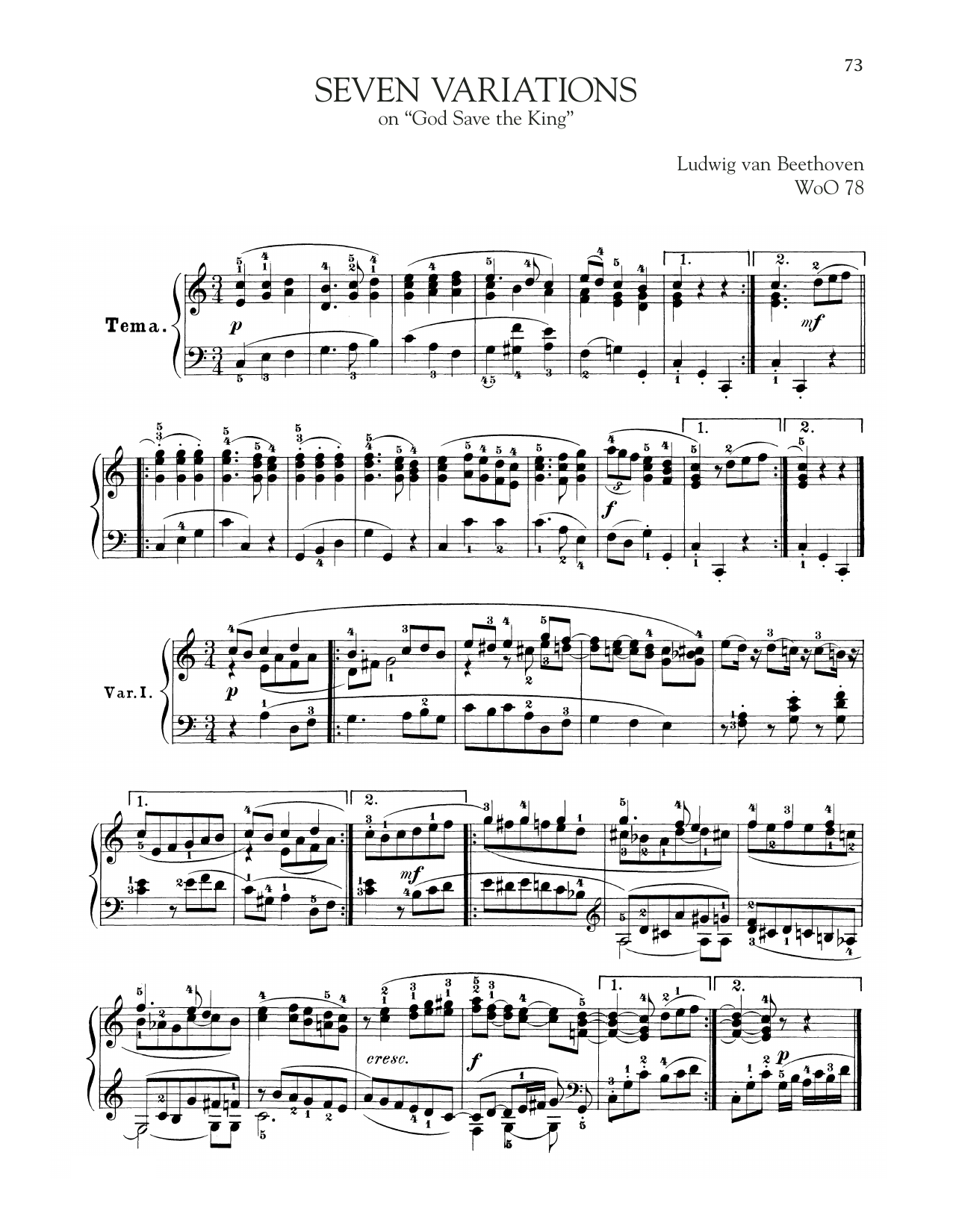 Ludwig van Beethoven 7 Variations On God Save The King, WoO 78 sheet music notes and chords arranged for Piano Solo