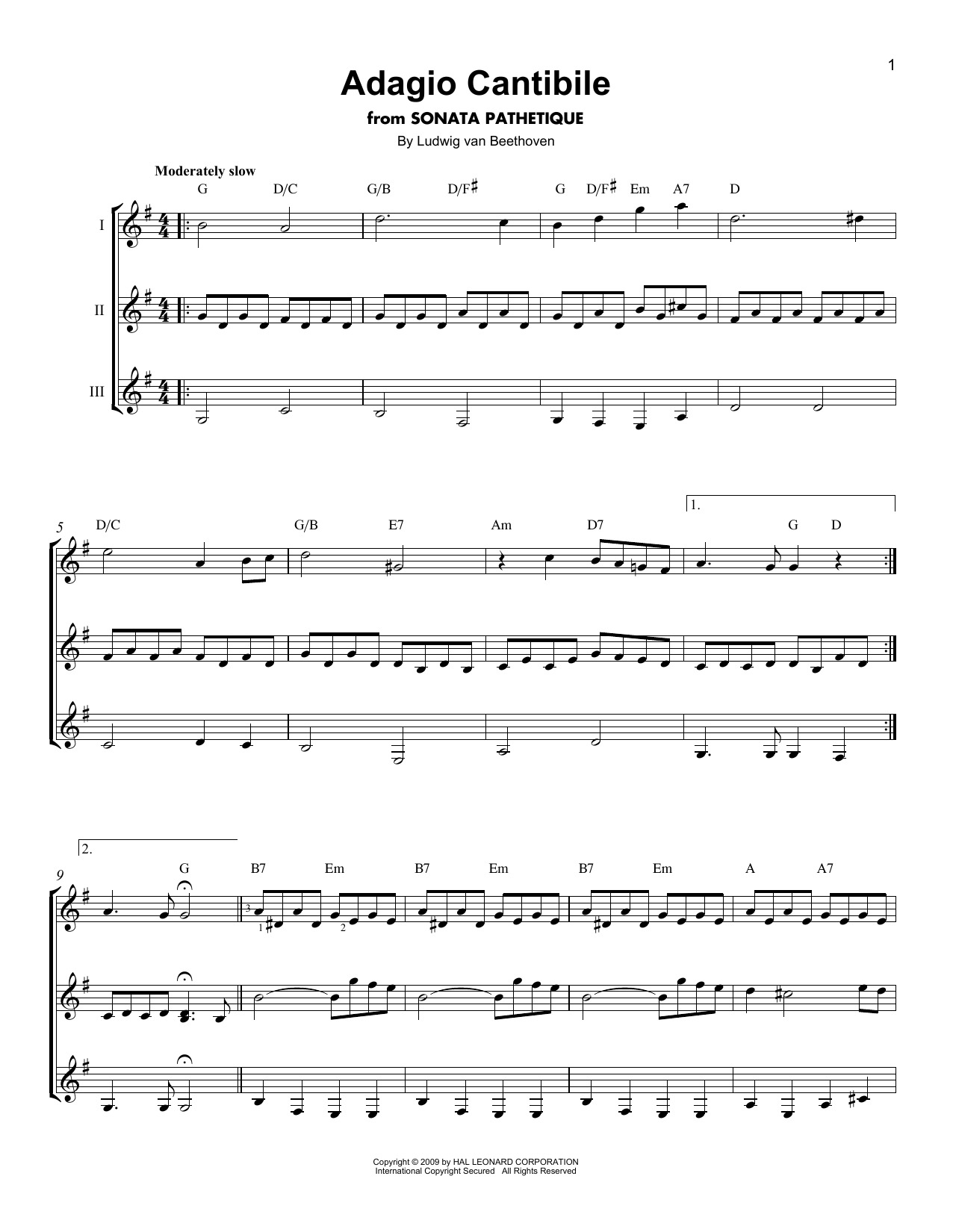 Ludwig van Beethoven Adagio Cantabile sheet music notes and chords arranged for Guitar Ensemble