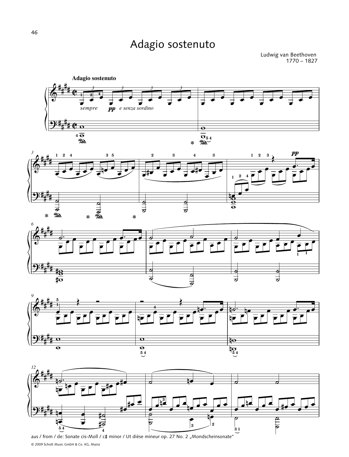 Ludwig van Beethoven Adagio Sostenuto sheet music notes and chords arranged for Piano Solo