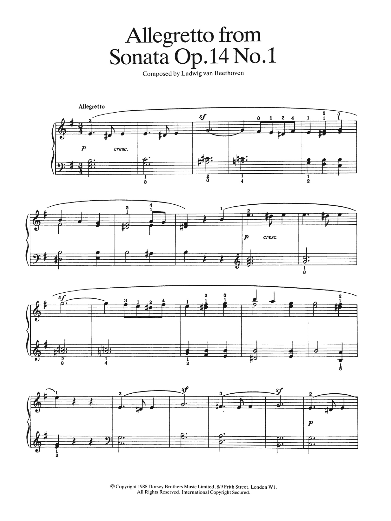Ludwig van Beethoven Allegretto from Sonata Op. 14, No. 1 sheet music notes and chords arranged for Easy Piano
