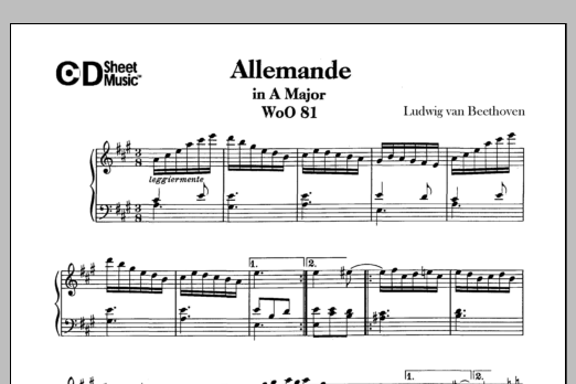 Ludwig van Beethoven Allemande In A Major, Woo 81 sheet music notes and chords arranged for Piano Solo