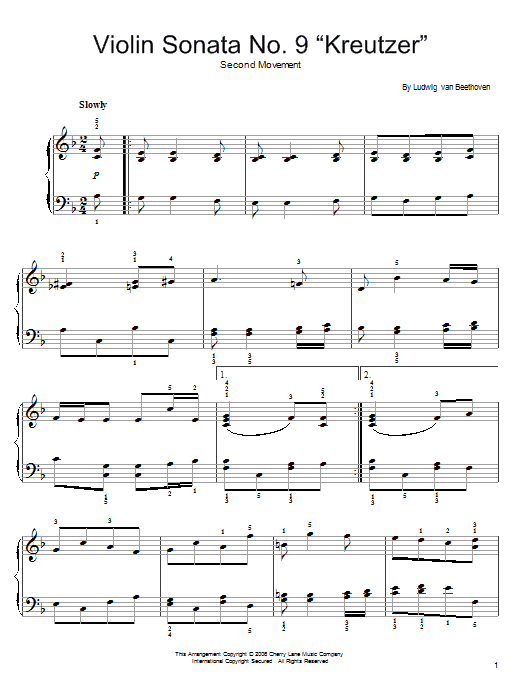 Ludwig van Beethoven Andante from Violin Sonata No. 9 (Kreutzer) sheet music notes and chords arranged for Beginner Piano
