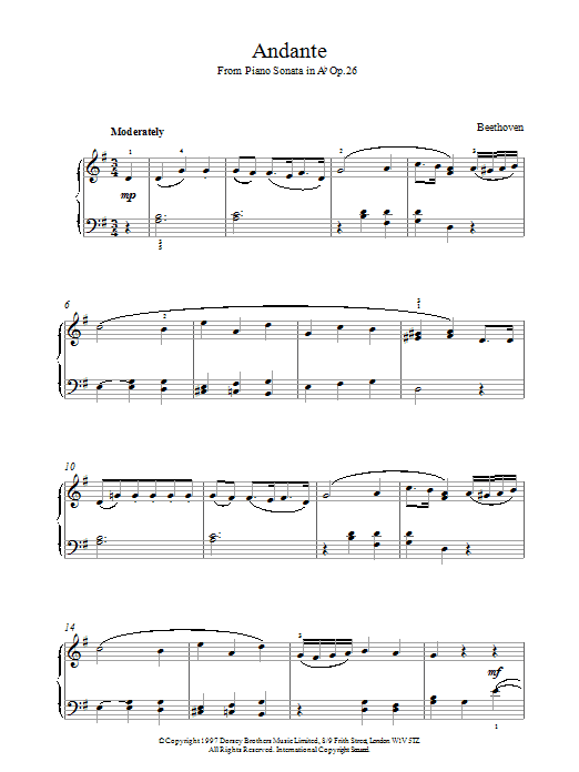 Ludwig van Beethoven Andante Sonata Op.26 sheet music notes and chords arranged for Piano Solo